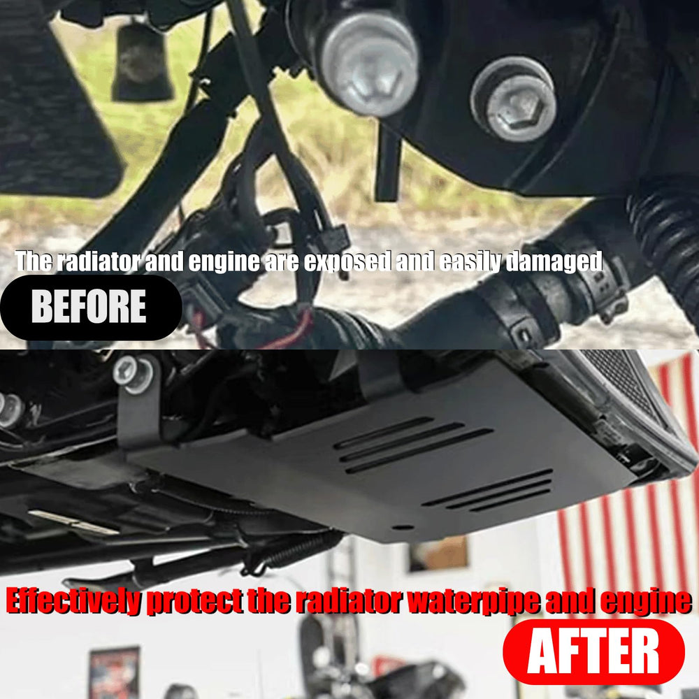 VPZMT black skid plate adds rugged style while guarding critical components during street riding