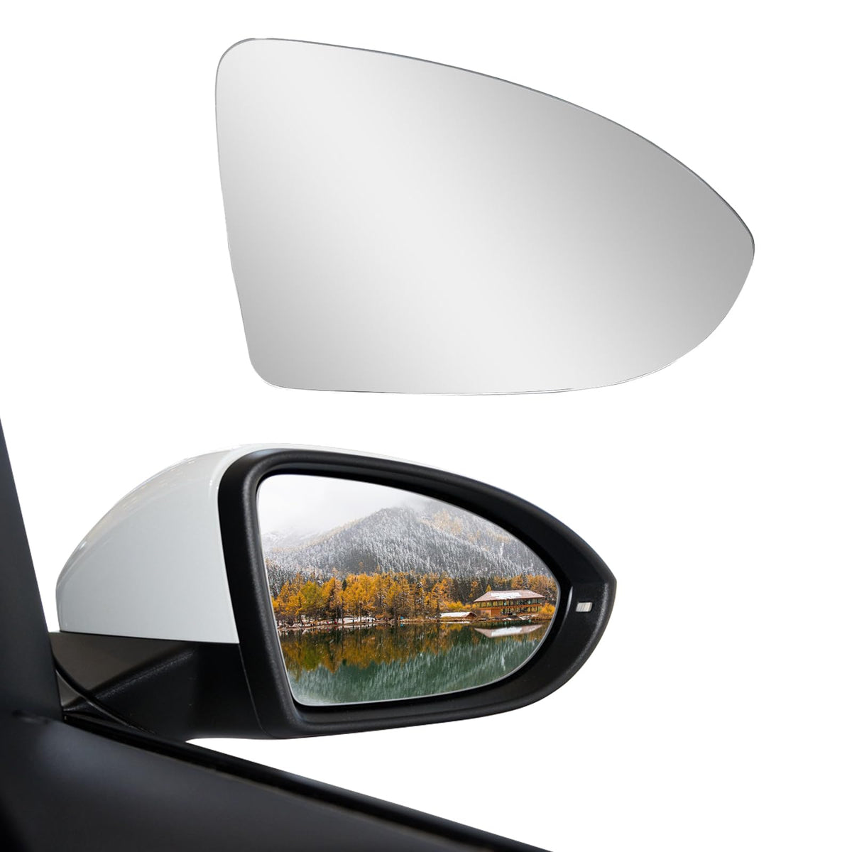 Vrasly passenger right-side heated mirror glass closeup for fog-free vision.