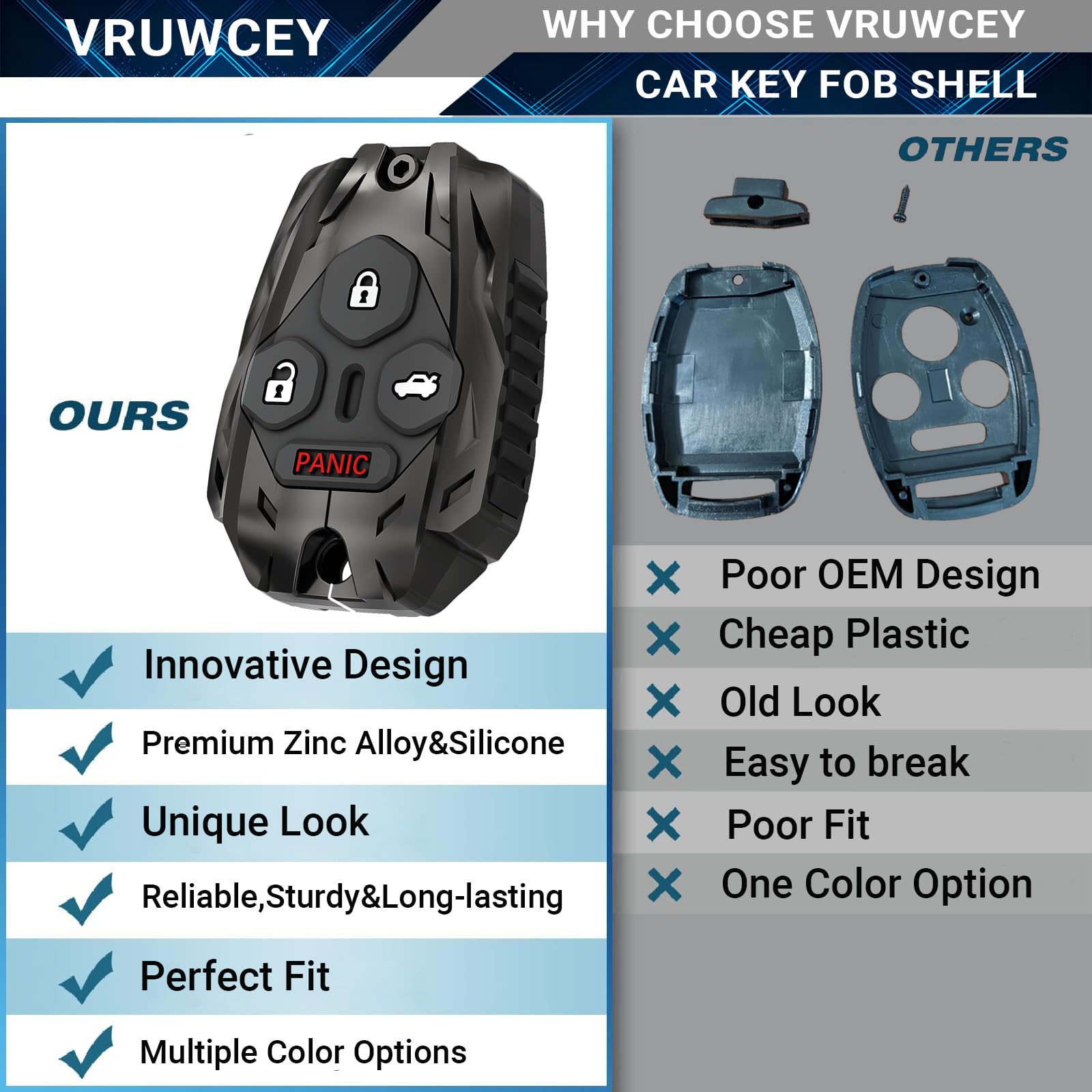 Vruwcey 1:1 fit key shell designed for Honda fobs for precise alignment.