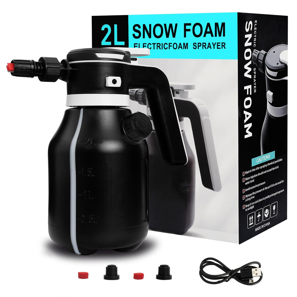 VSSOC electric foam sprayer with 2L tank delivering dense foam for car detailing.