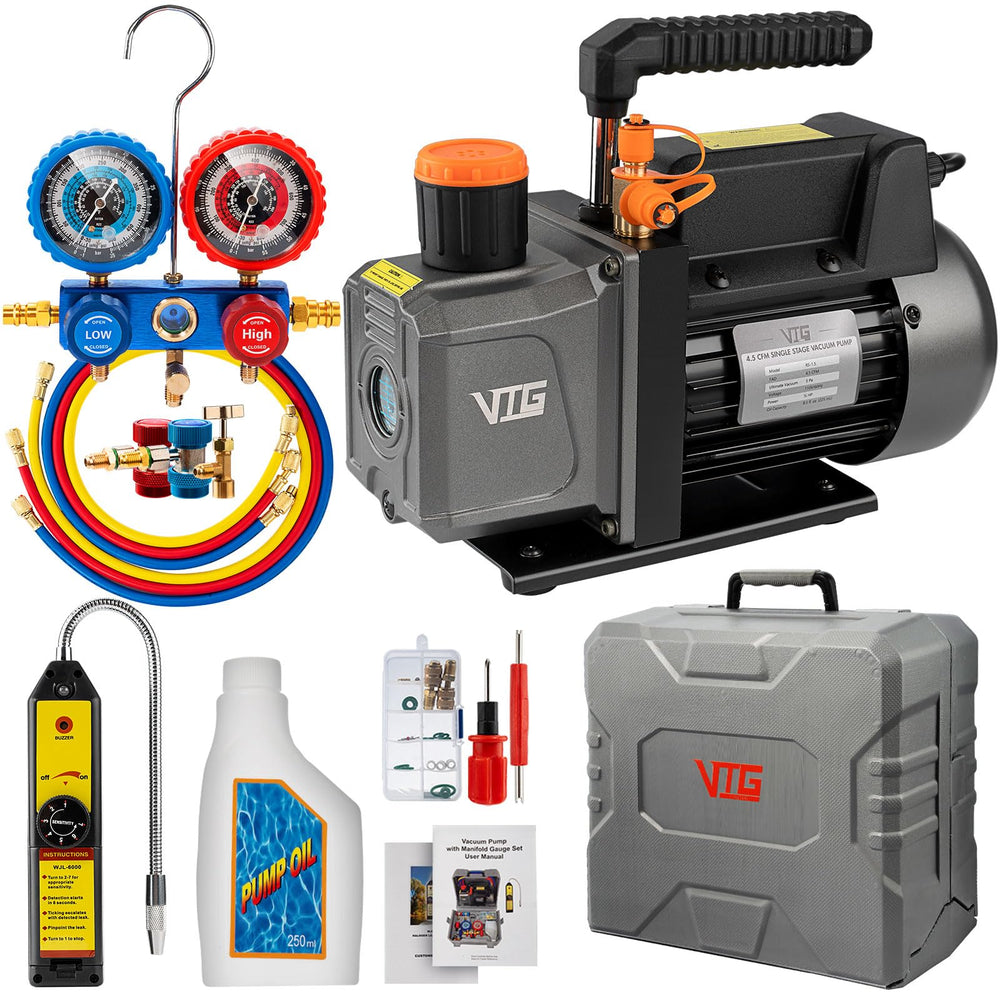 VTG VOGTEN vacuum pump and gauge set for efficient HVAC evacuations.