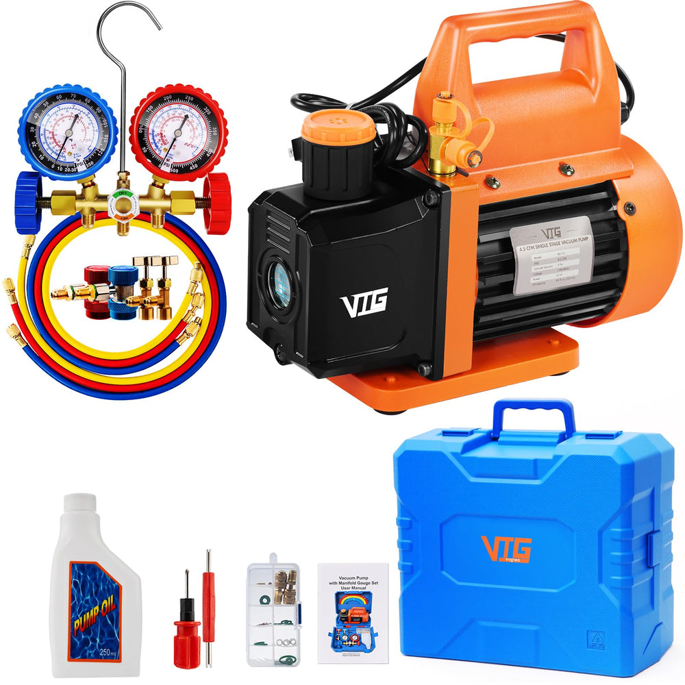VTG VOGTEN vacuum pump and gauge set for efficient HVAC vacuuming and leak checks.