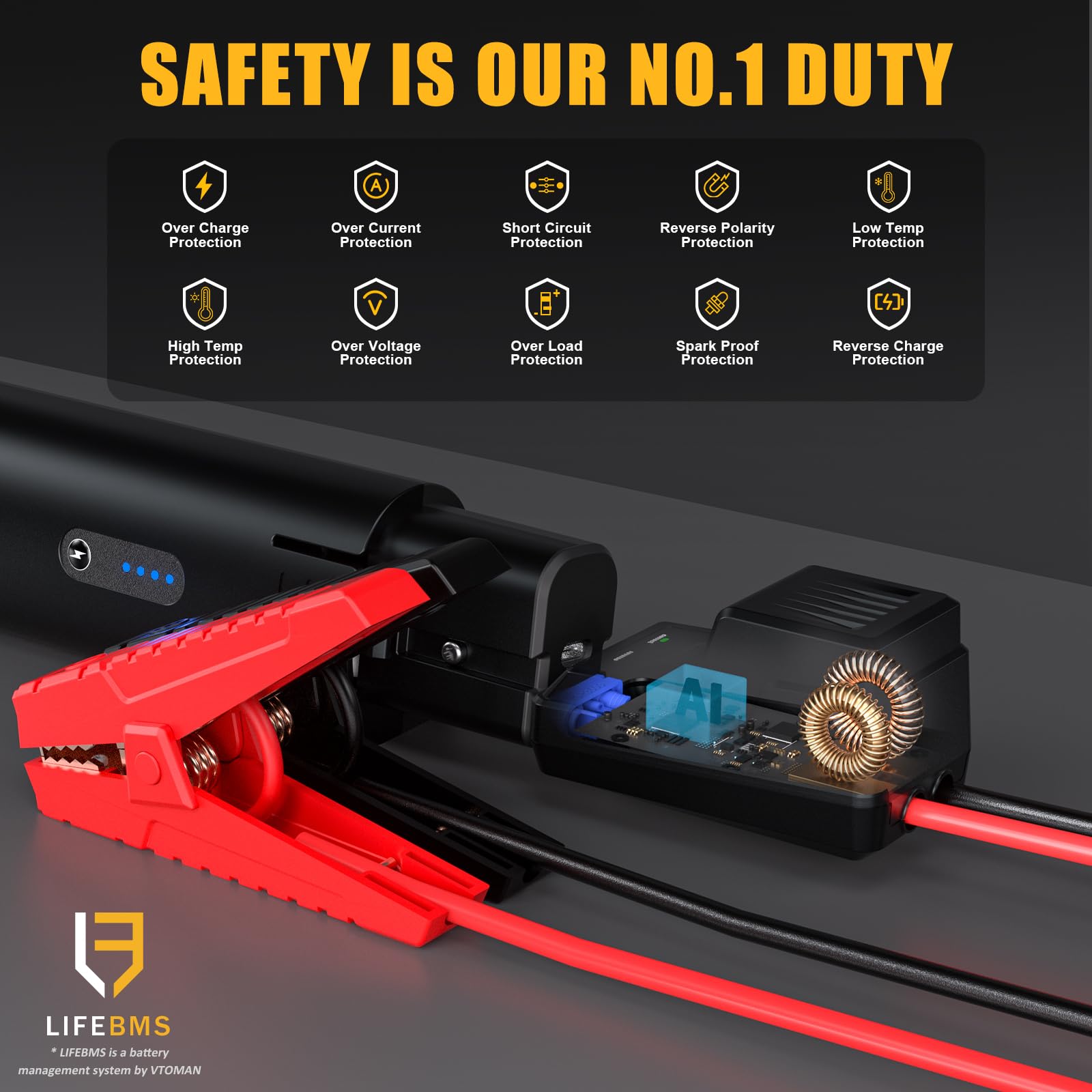 VTOMAN jumper cable boost button illustrating force start capability for low voltage