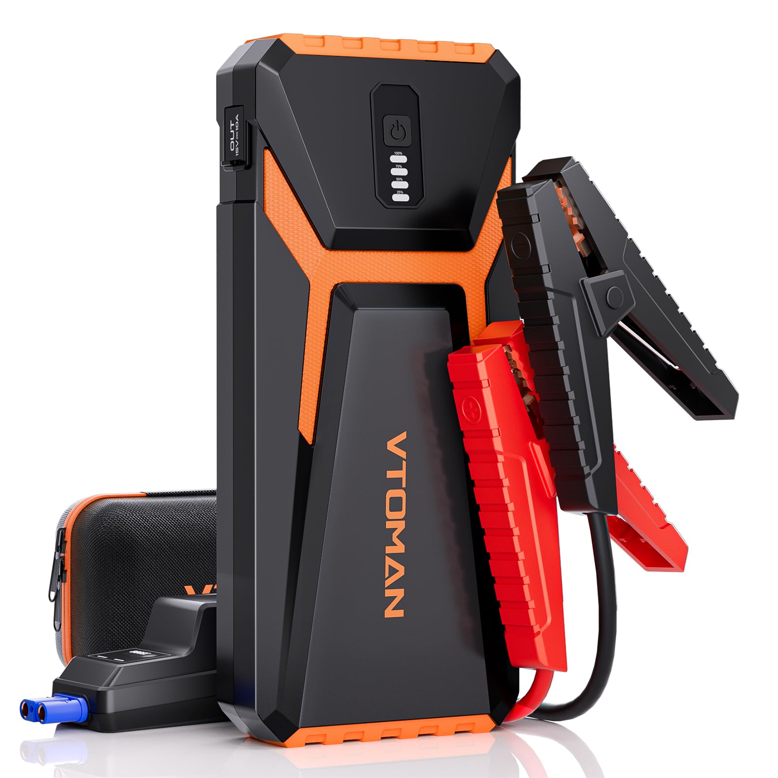 VTOMAN V10 jump starter front view shows compact design for roadside emergencies.