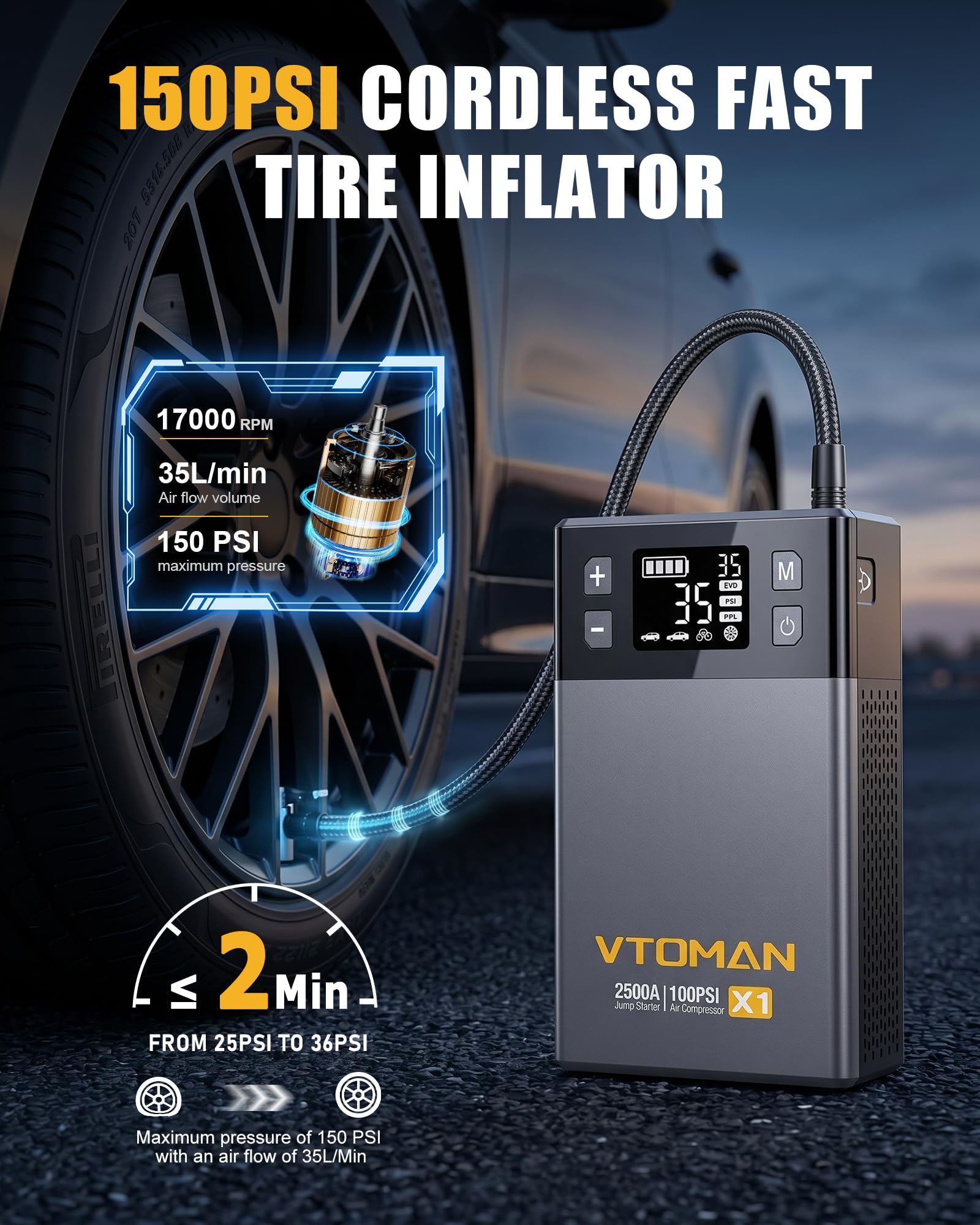 VTOMAN X1 air compressor digital display enables precise tire inflation