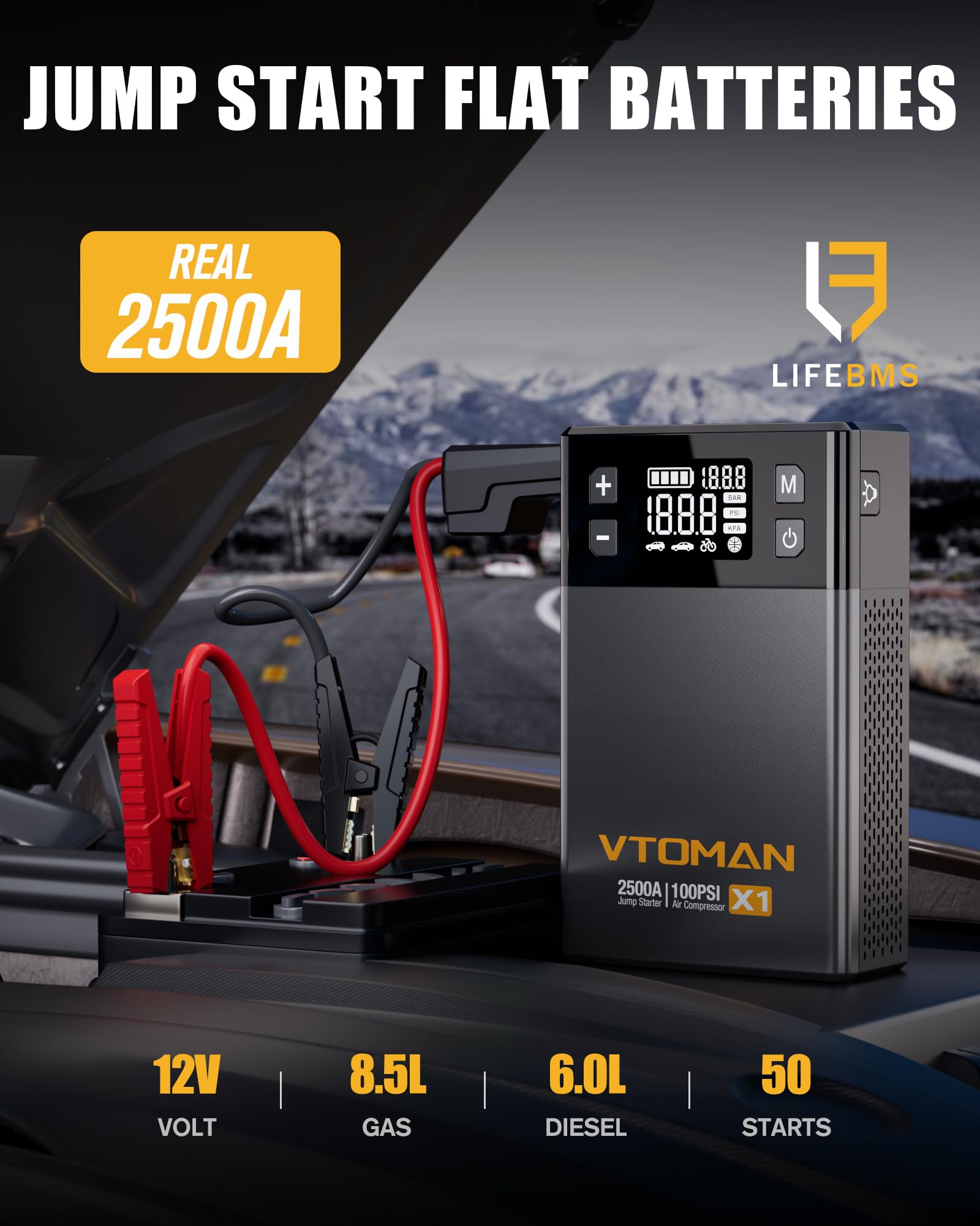 VTOMAN X1 jump starter side panel showing rugged design for outdoor use