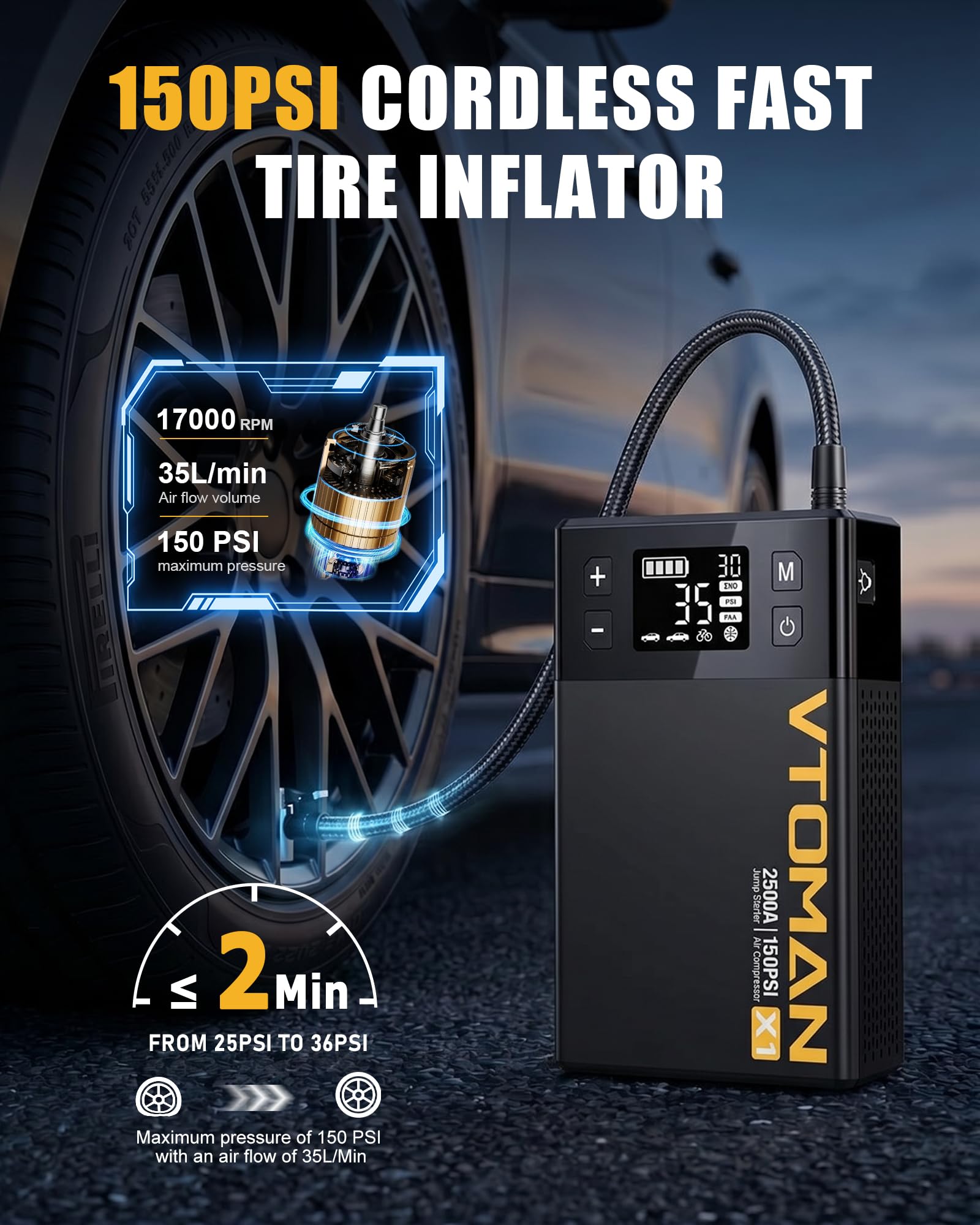 VTOMAN X1 displays 2500A peak current for quick starts.