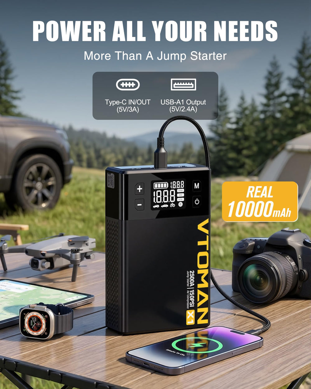 VTOMAN X1 tire inflator handling tires up to 150 PSI quickly.
