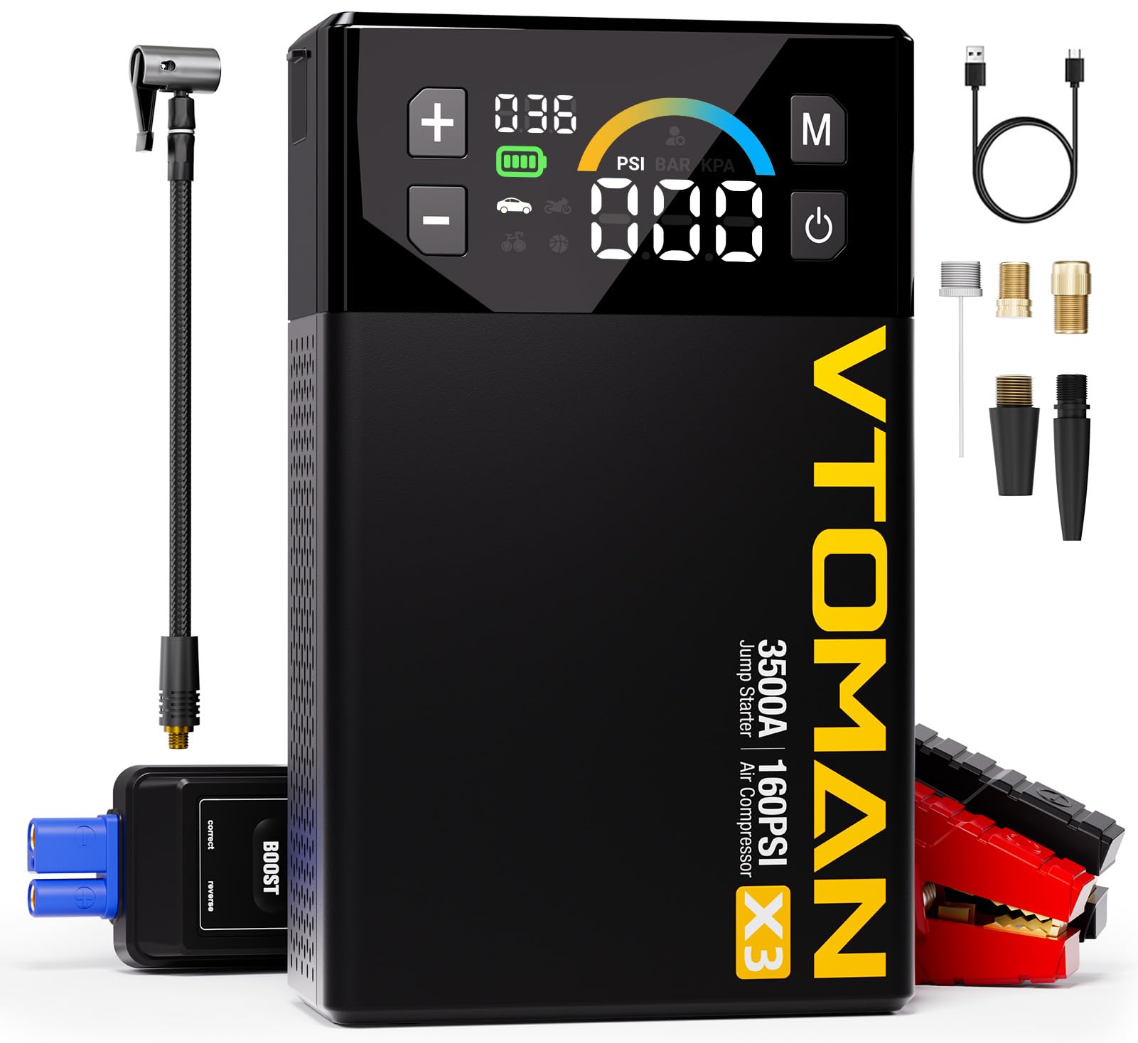VTOMAN X3 jump starter with digital display for quick status checks
