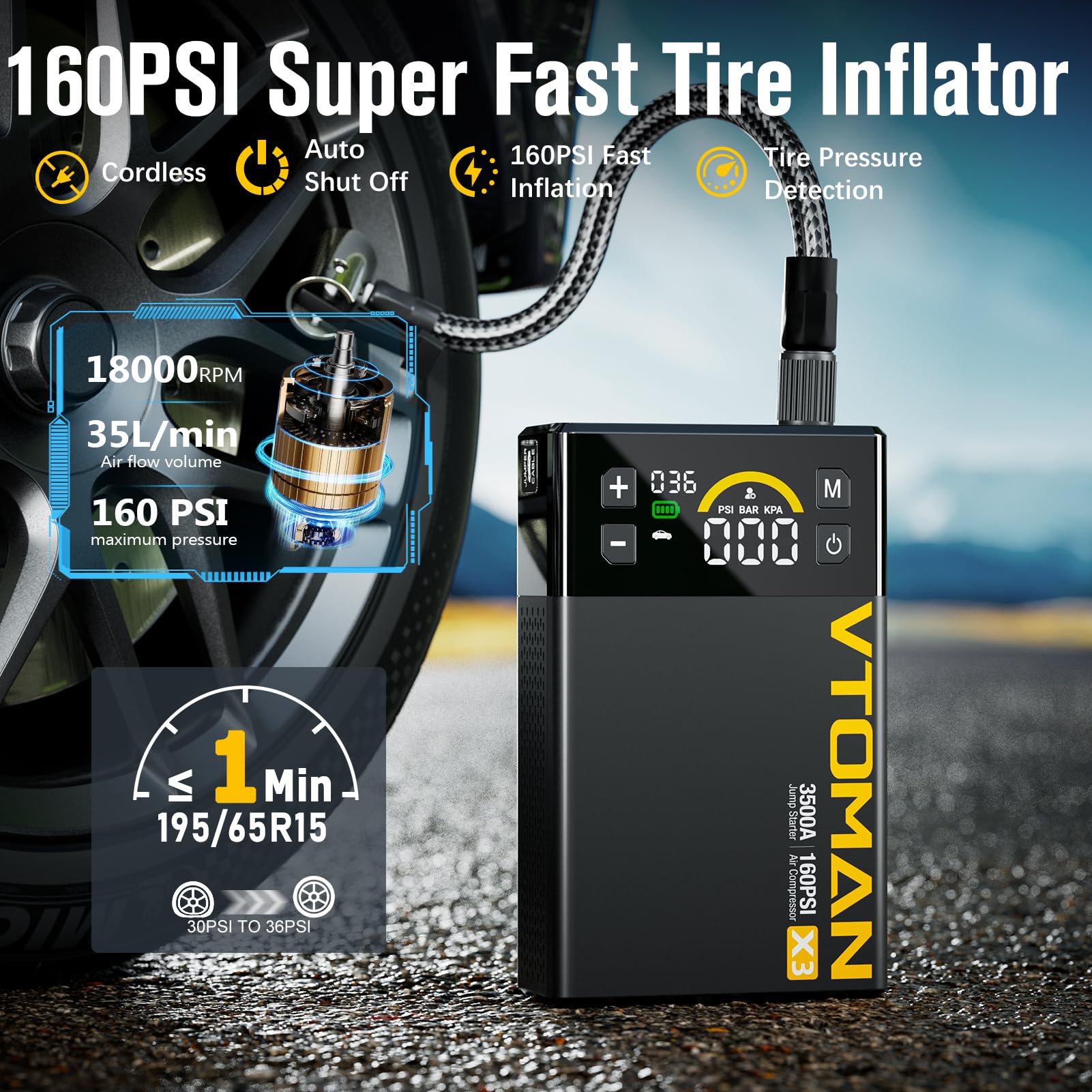 VTOMAN X3 tire pressure monitoring helps reach target PSI safely