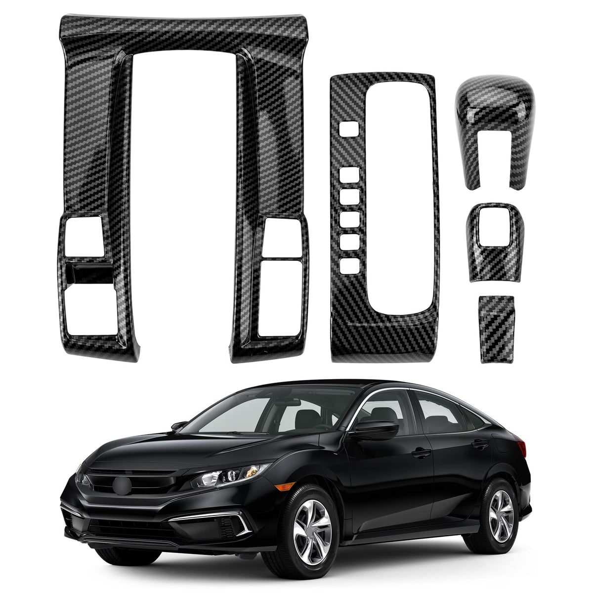 VTVWNM center-console gear shift cover with carbon fiber elevates Civic cabin aesthetics.