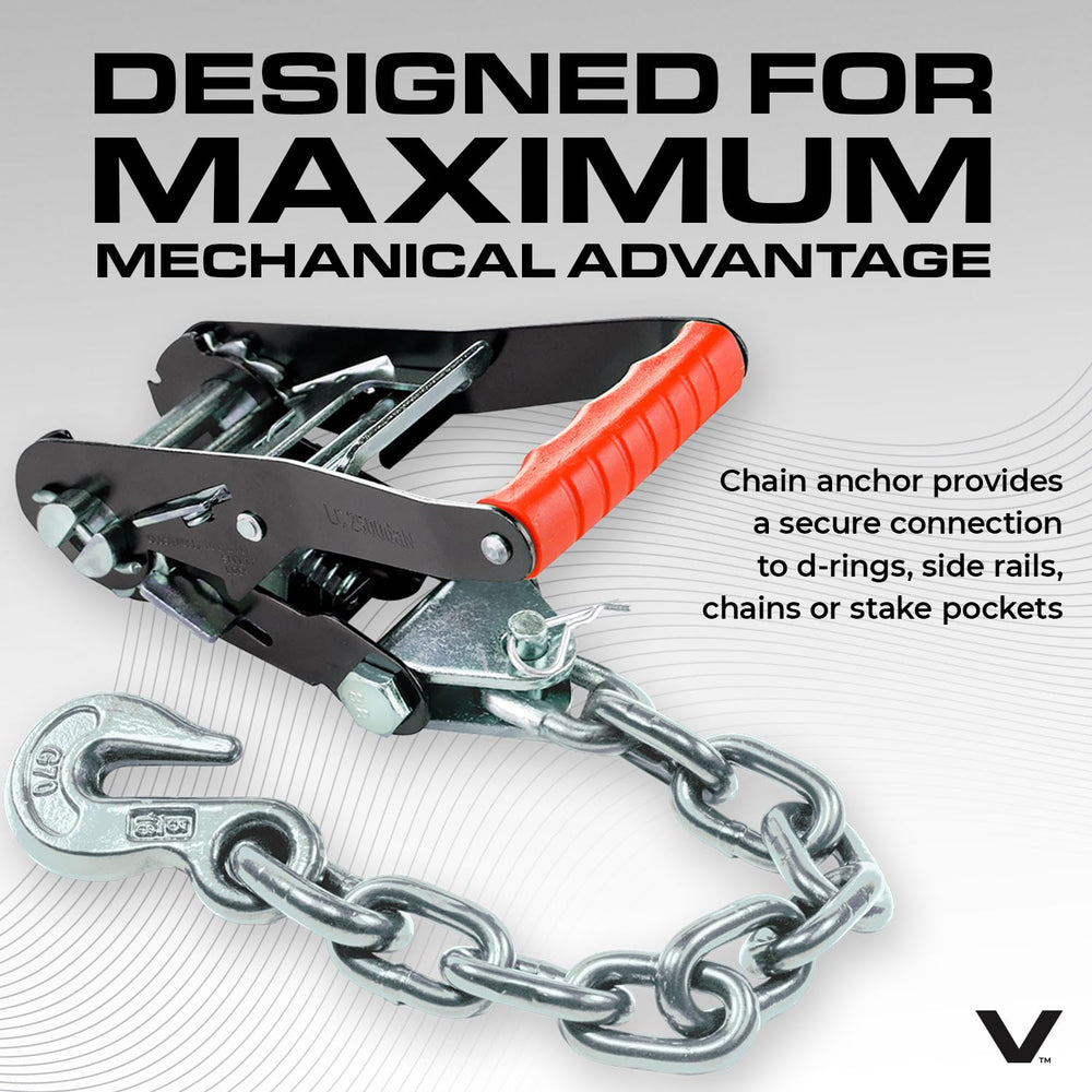 VULCAN chain anchors on ratchets pair with rails or stake pockets.