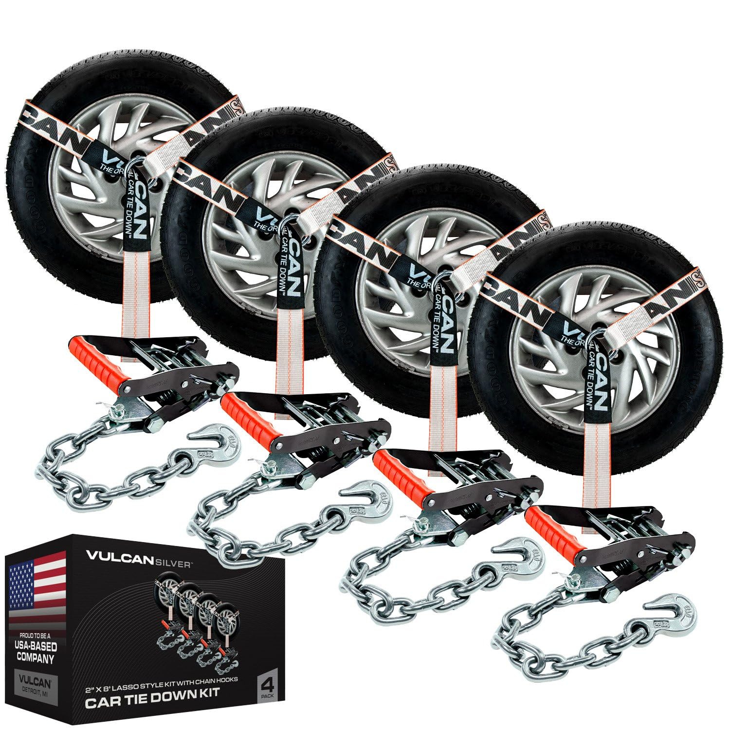 VULCAN Silver Series tie-down with chain anchors for secure transport.