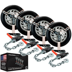 VULCAN Silver Series tie-down with chain anchors for secure transport.