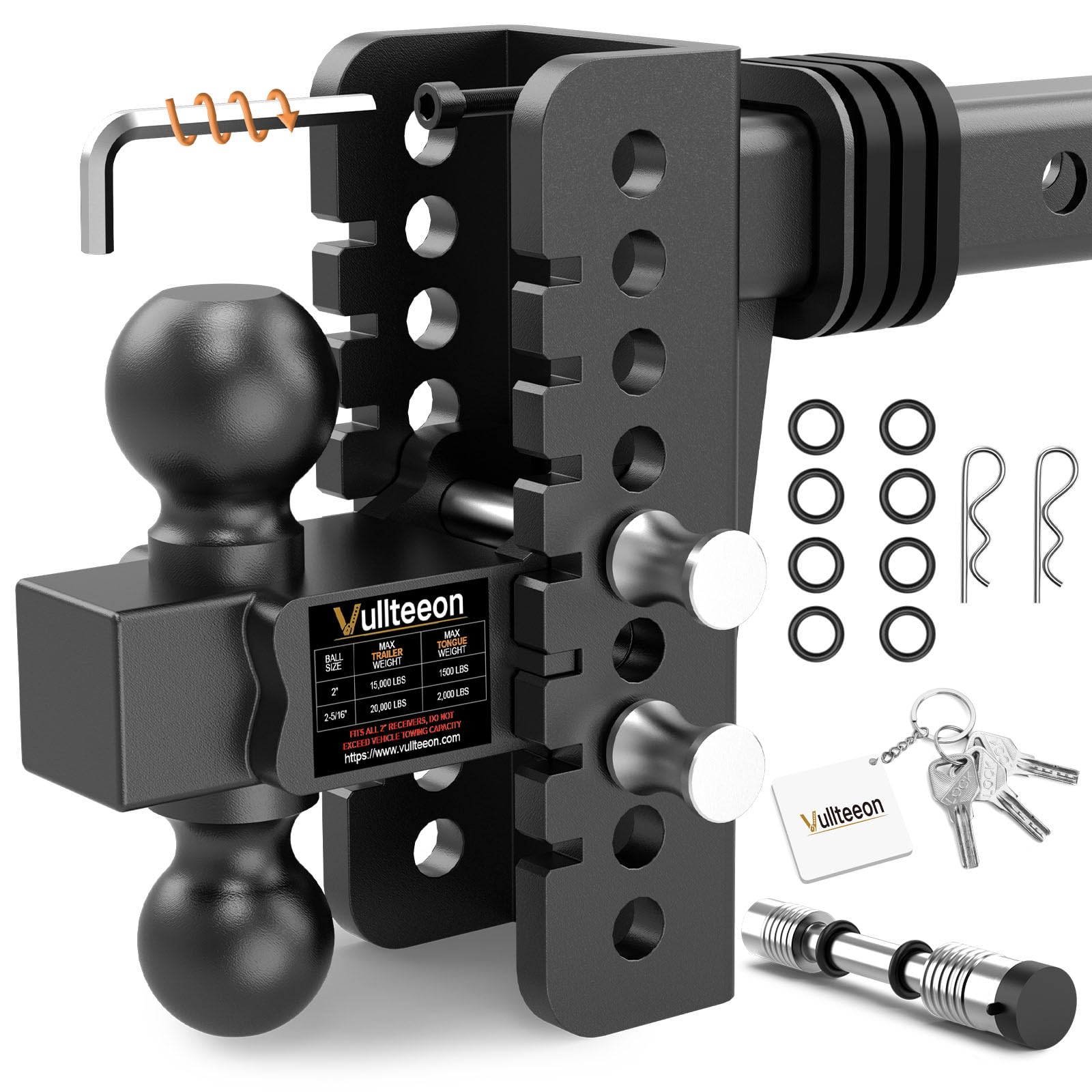 Vullteeon 6 inch drop rise trailer hitch showing adjustable height for level towing