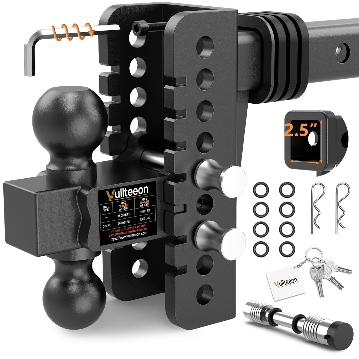 Vullteeon adjustable trailer hitch demonstrates slot-fit height adjustment for easy leveling.