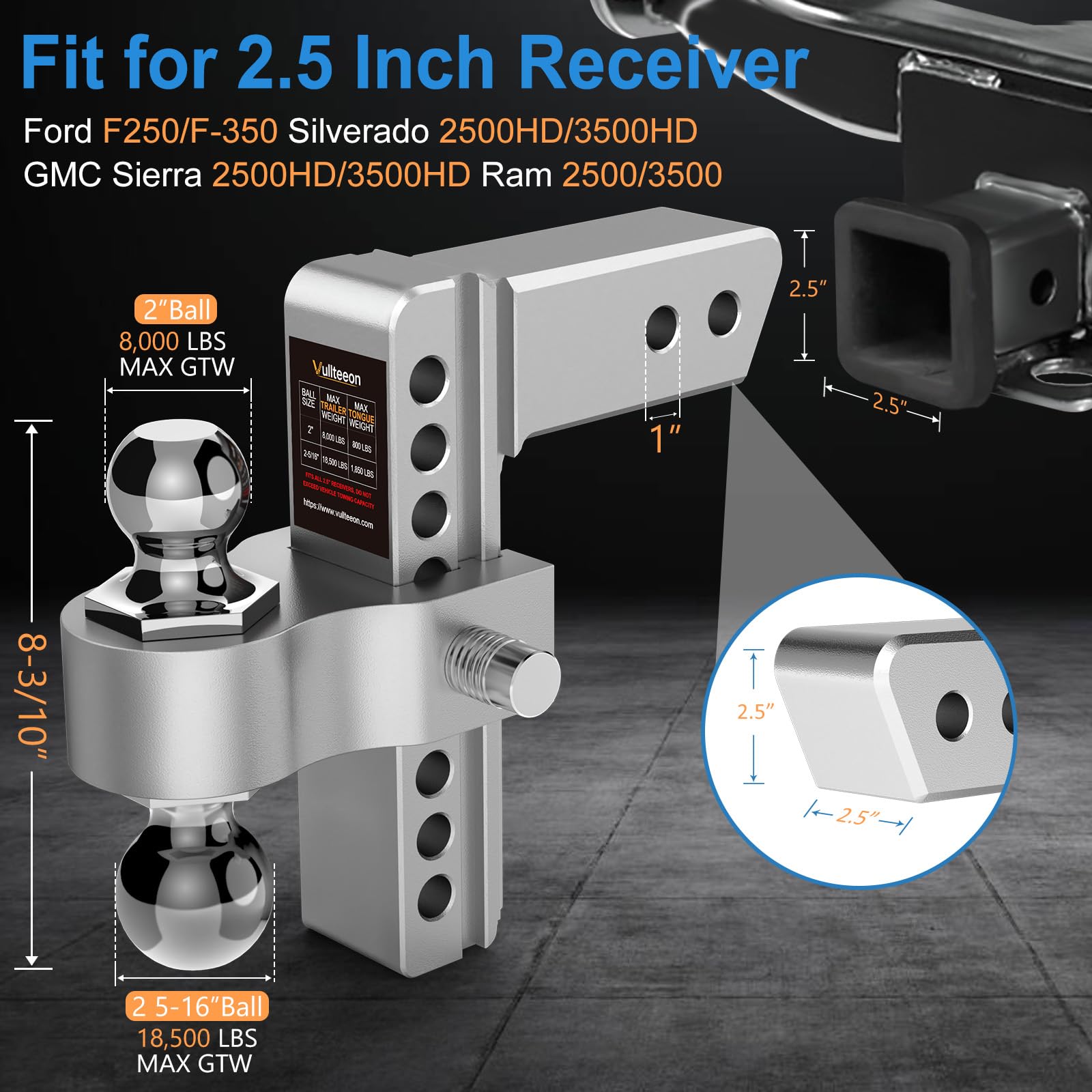 Vullteeon dual balls 2in and 2-5-16in for versatile hitching.