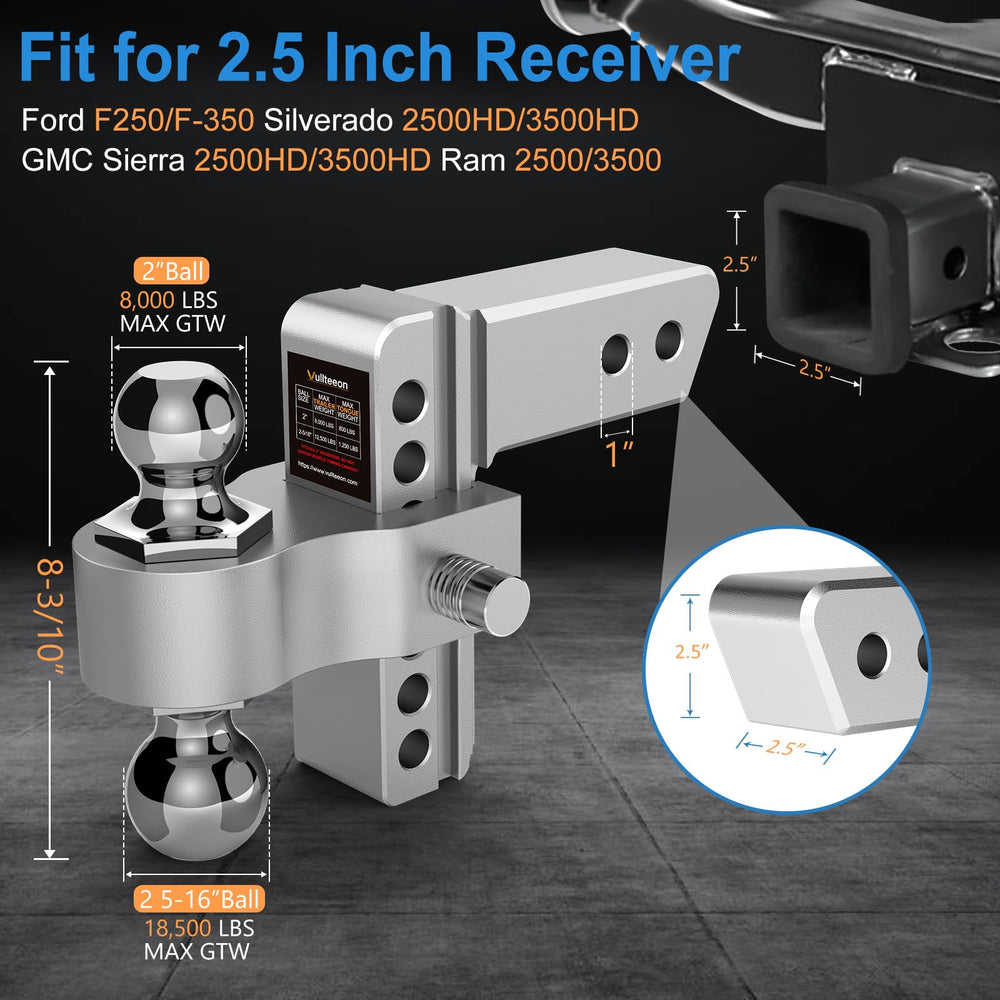 Vullteeon dual balls provide 2 inch and 2-5/16 inch towing options.