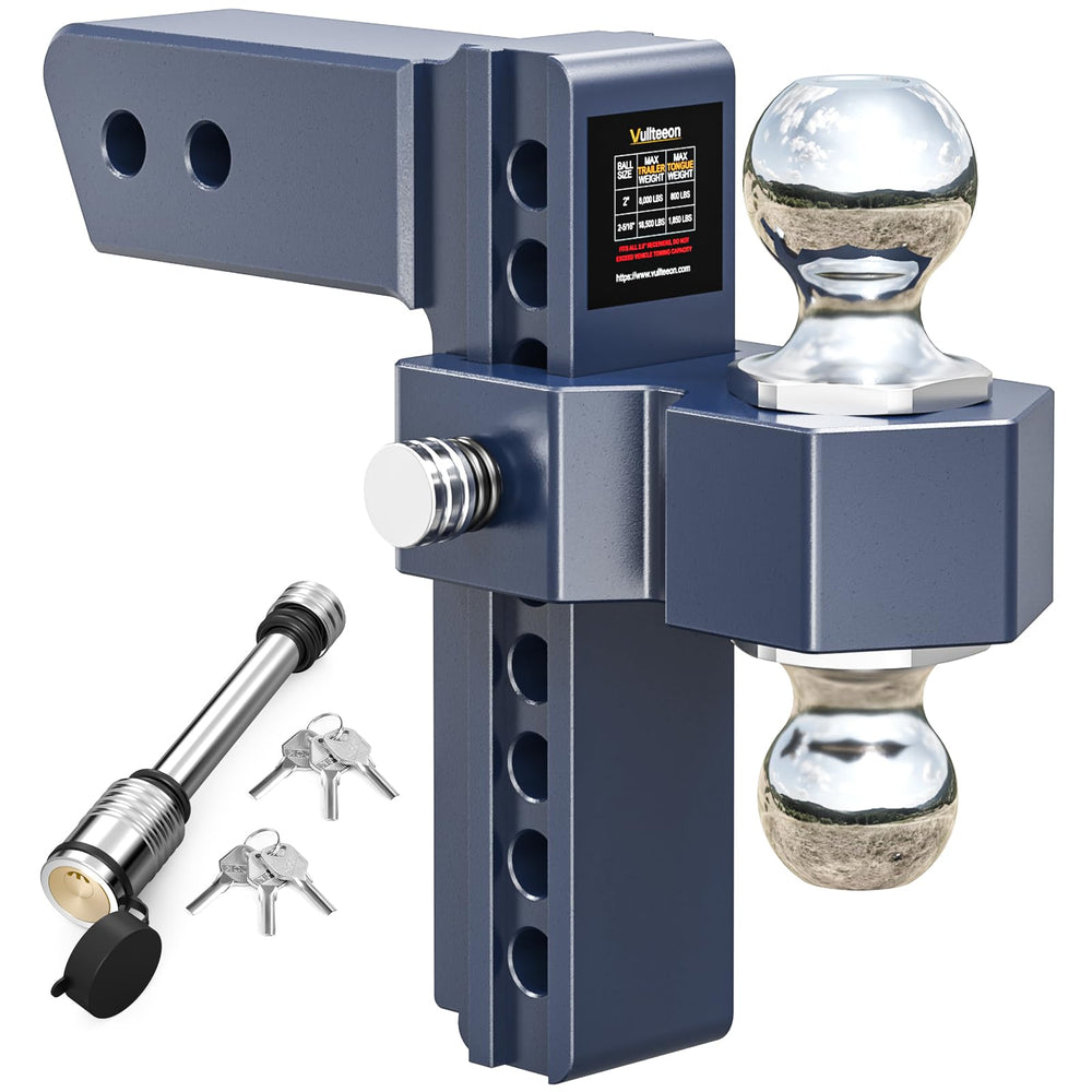 Vullteeon adjustable hitch with 8-inch rise for level towing across varied trailer heights.
