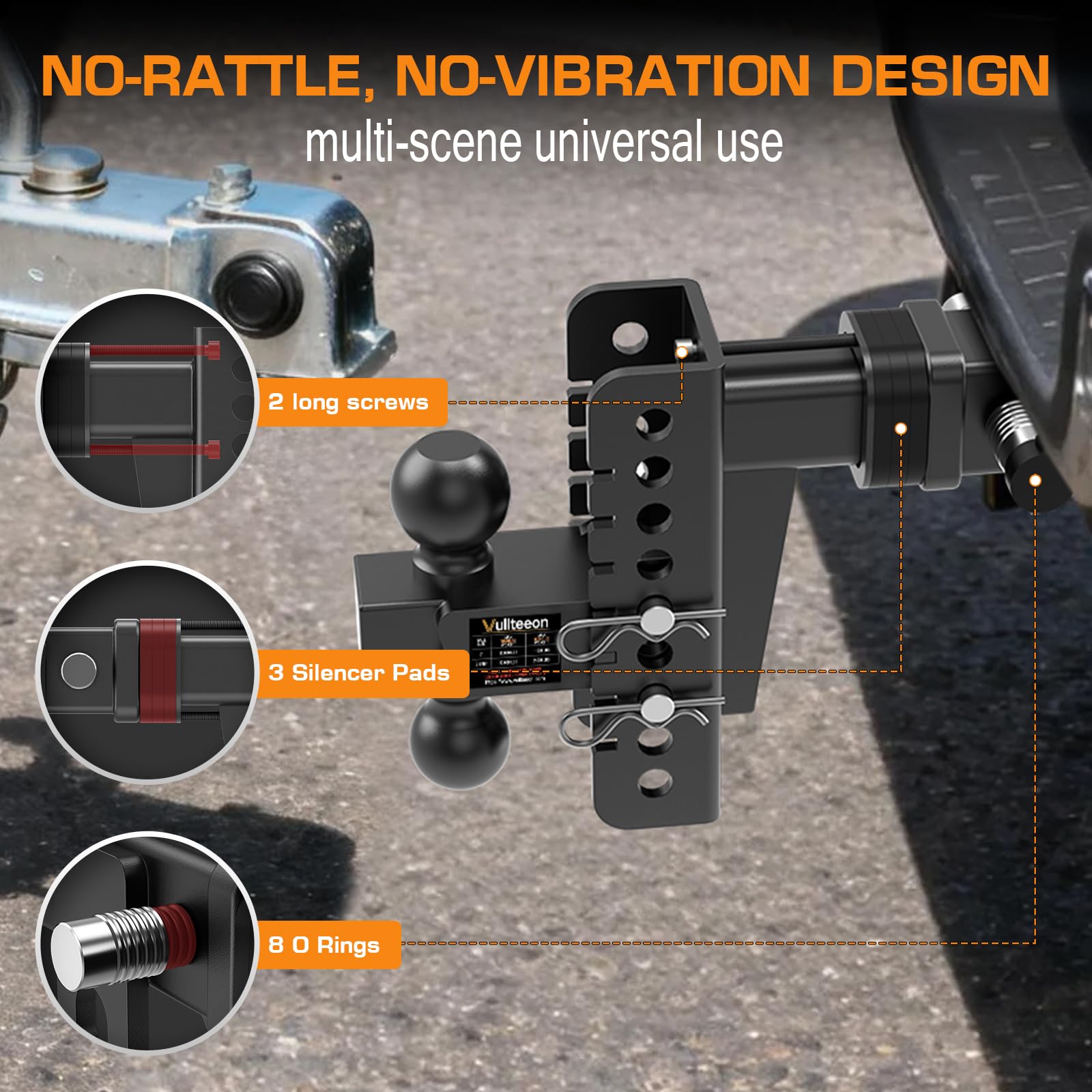Vullteeon no-rattle design reduces hitch noise for calmer towing.
