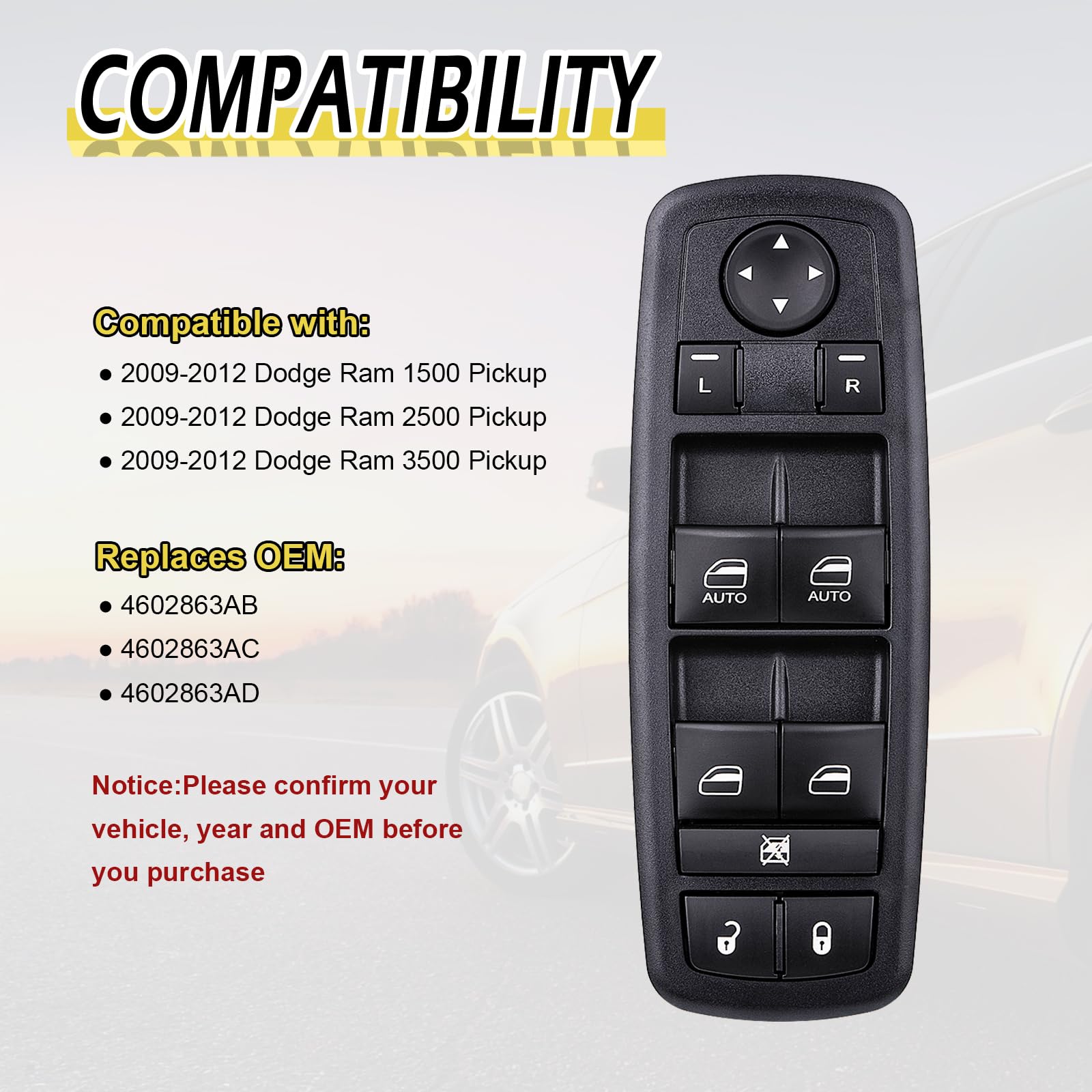 Vurkcy door lock control button for Dodge Ram 2009-2012 simplifies access.