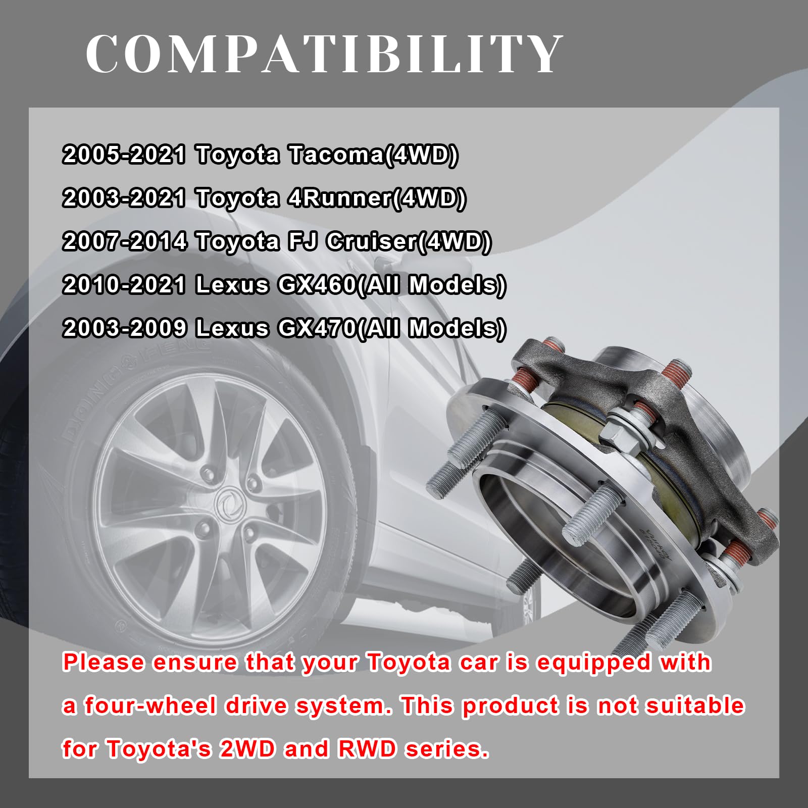 Vurkcy front wheel bearing hub assembly for 4Runner 4WD supports quiet, stable steering