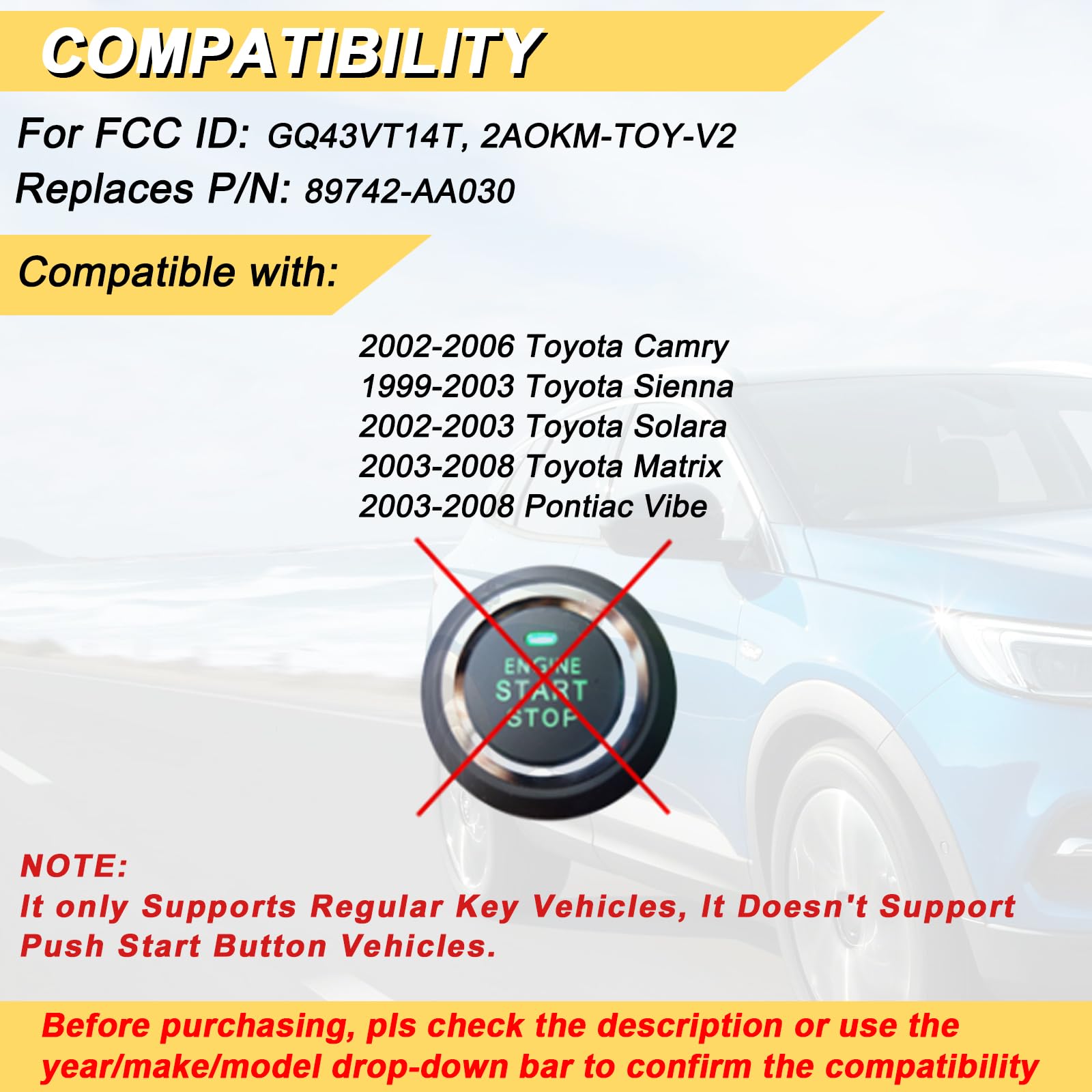 Vurkcy key fob replacement for Toyota Matrix 2003-2008 with reliable lock/unlock control.
