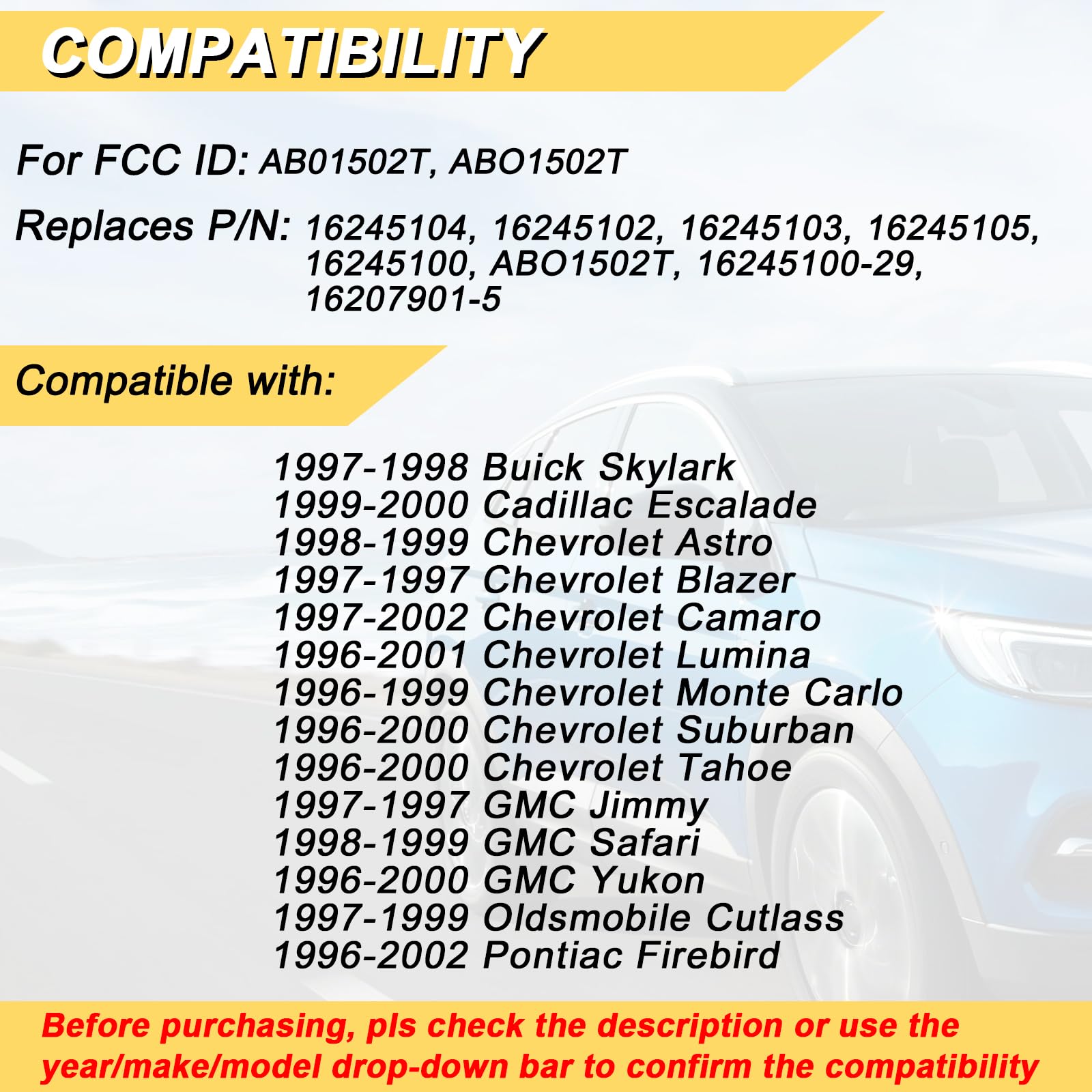 Vurkcy 2-btn key fob for Camaro and Monte Carlo, simple vehicle compatibility.