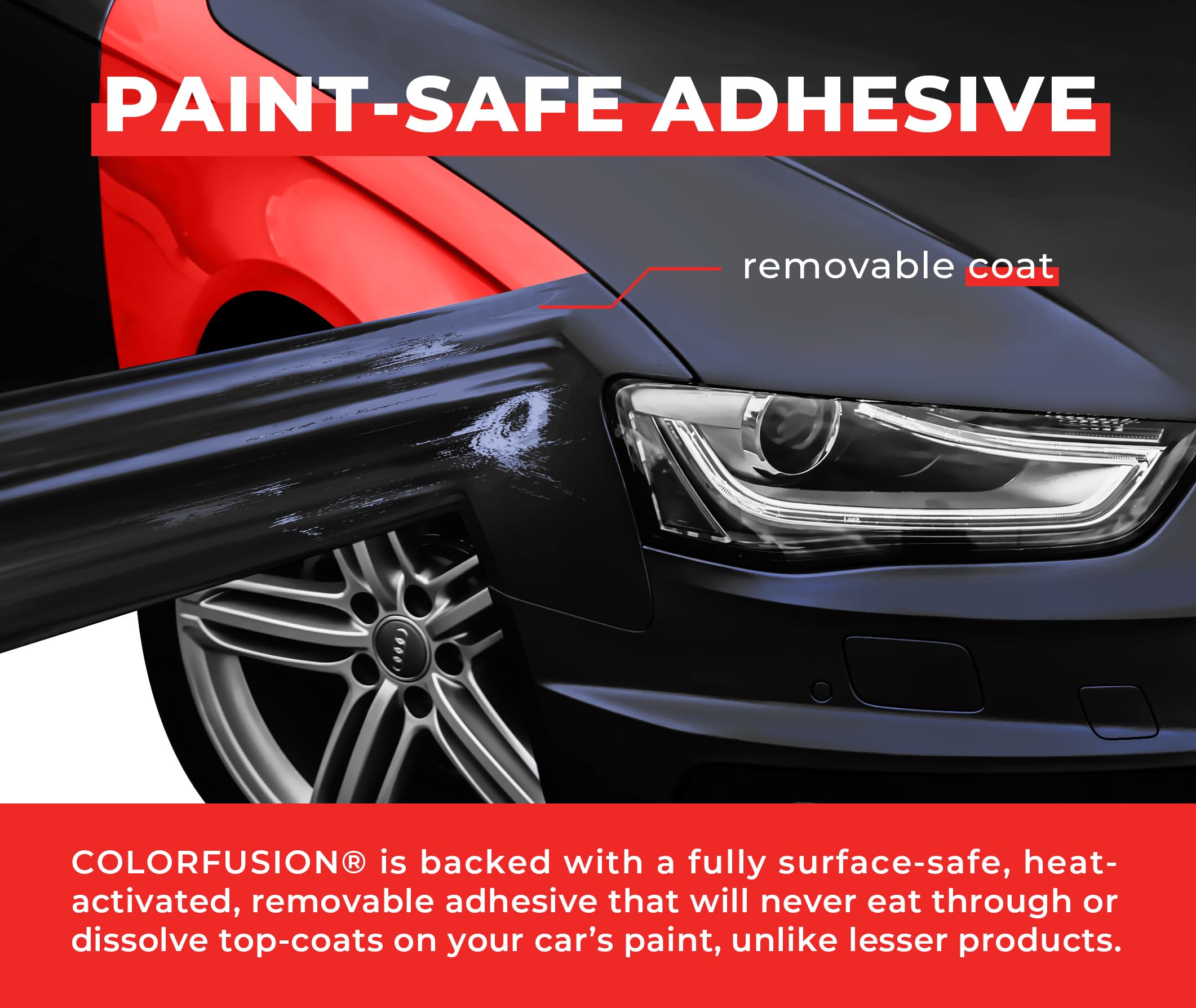 VViViD ColorFusion PPF adhesive backing shown as safe, removable, top-coat friendly