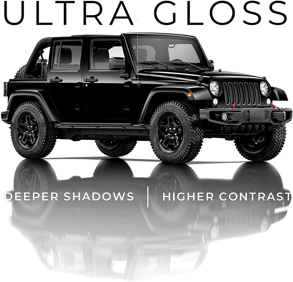 VViViD gloss finish reflects light with depth on a sleek black panel.