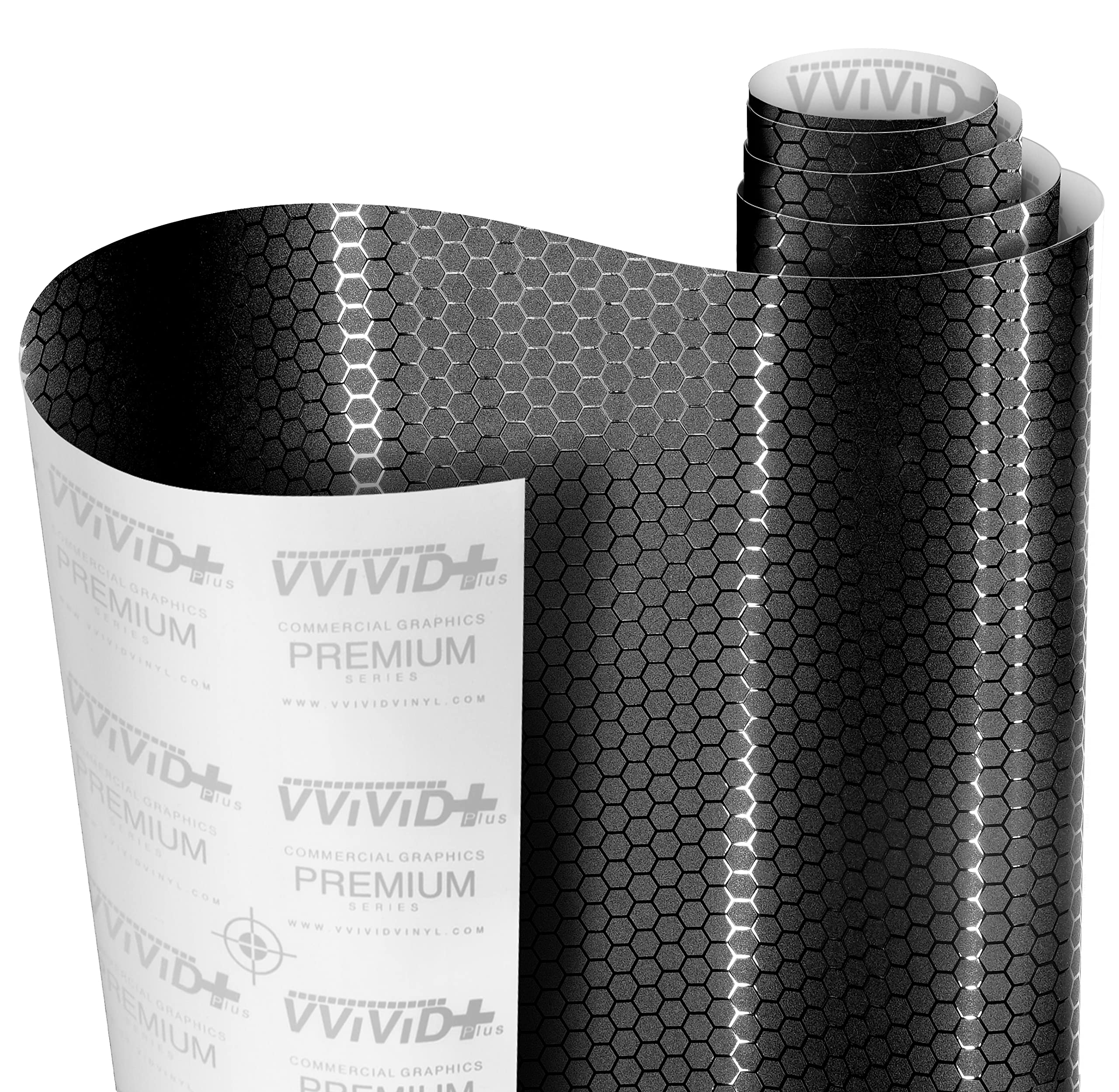 VViViD Honeycomb Matte Black pattern; main view shows bold hex texture on a wrapped surface.