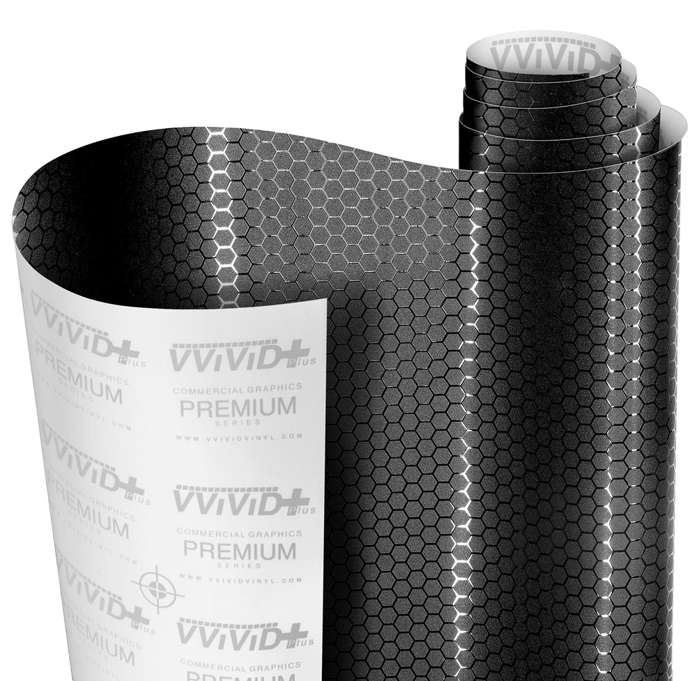 VViViD Honeycomb Matte Black pattern; main view shows bold hex texture on a wrapped surface.