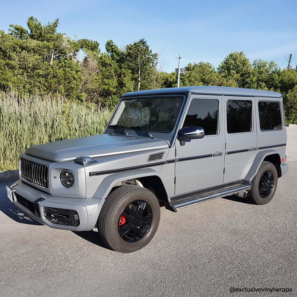 VViViD+ matte slate grey vinyl wrap closeup highlighting adhesive film for strong, paint-like finish.