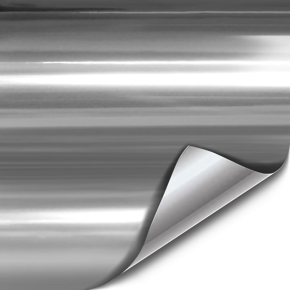 VViViD silver mirror chrome wrap applied to a car panel for stylish protection and shine.