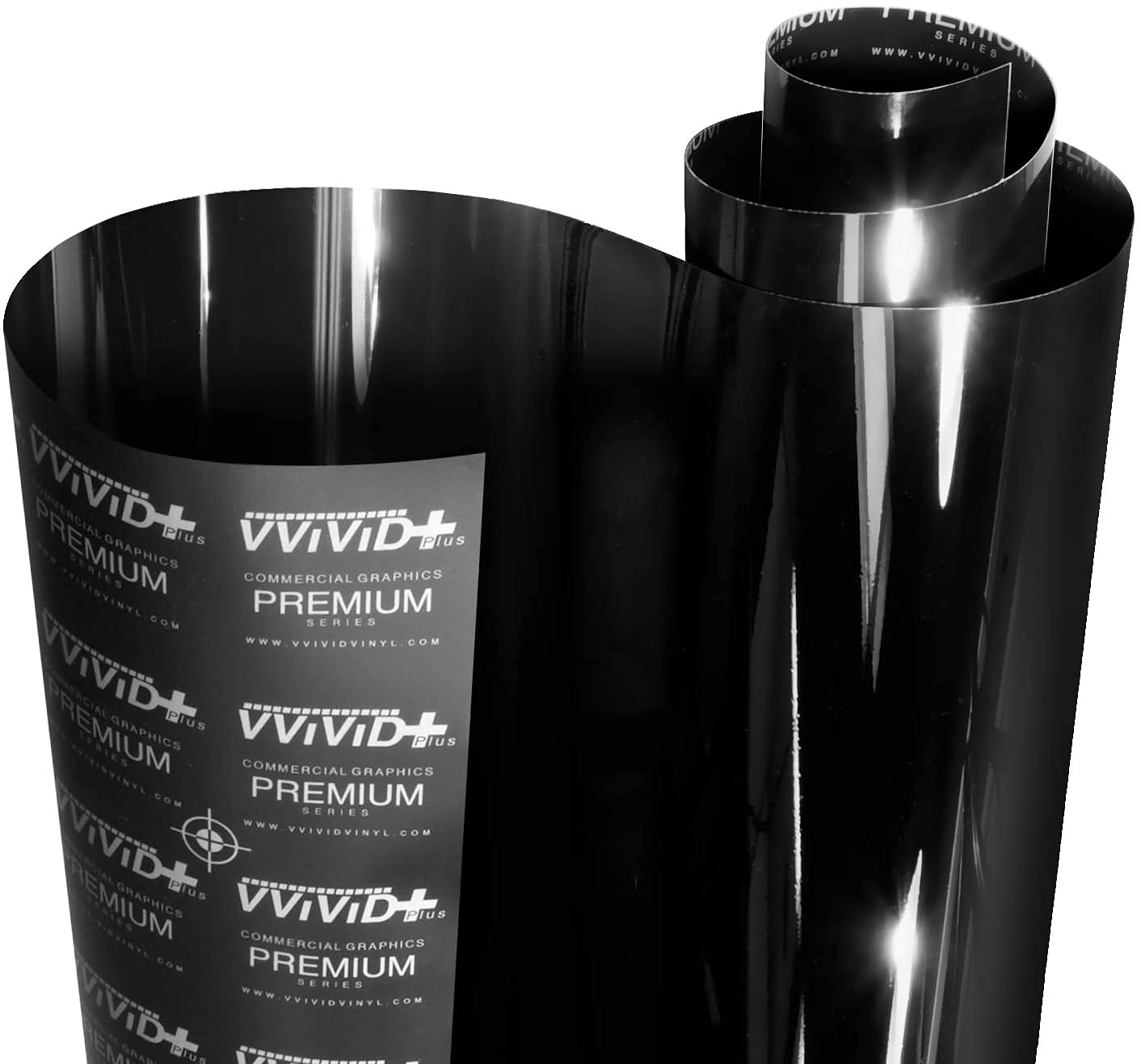 VViViD Ultra Gloss Piano Black wrap on a car panel with a mirror-like finish.