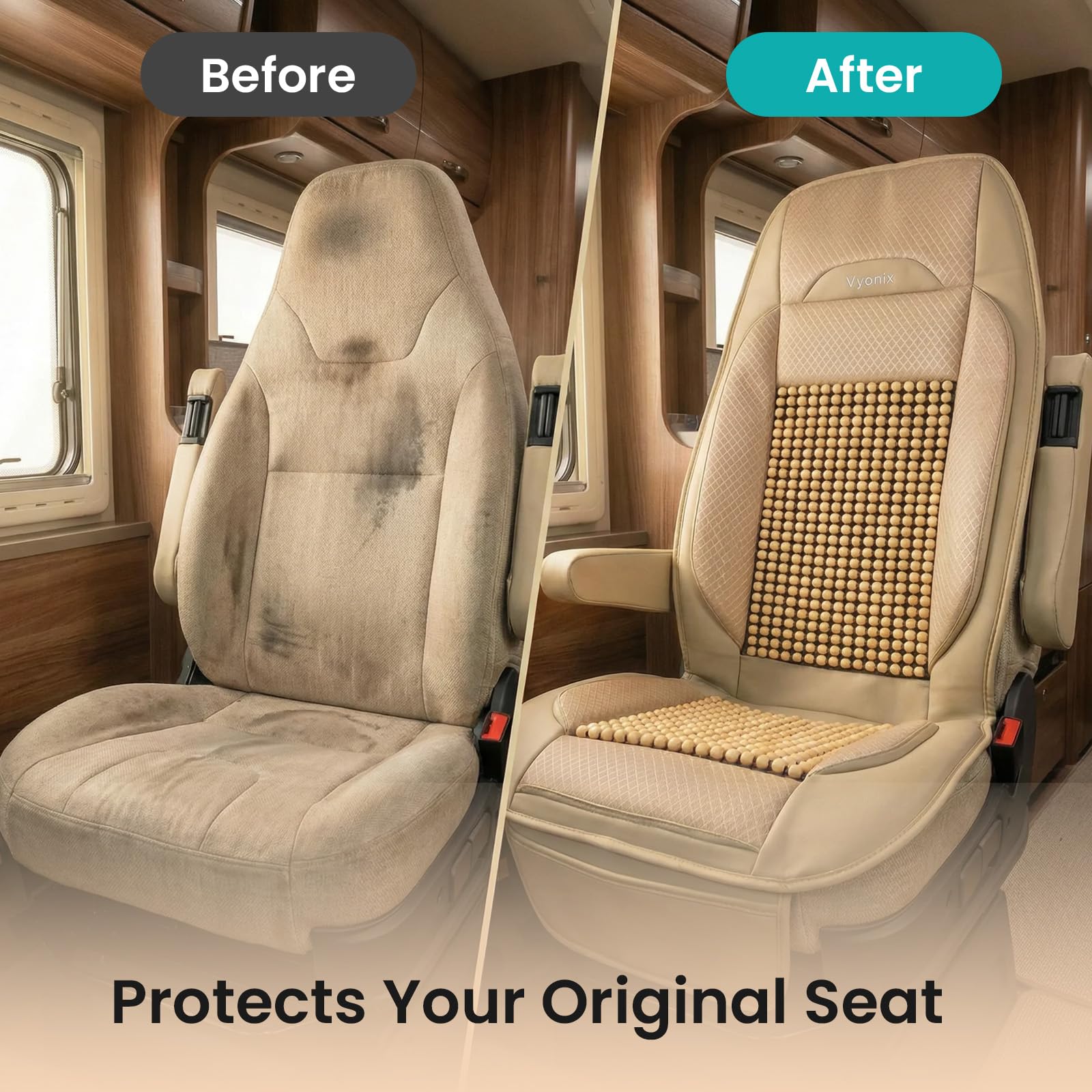 Vyonix tan-beaded cover on Class A/B/C motorhome seat adds a neutral interior touch
