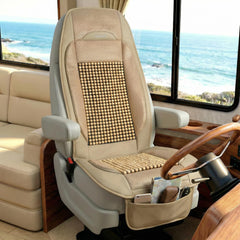 Vyonix RV seat cover in tan beaded cooling design on captain chair for breathable comfort