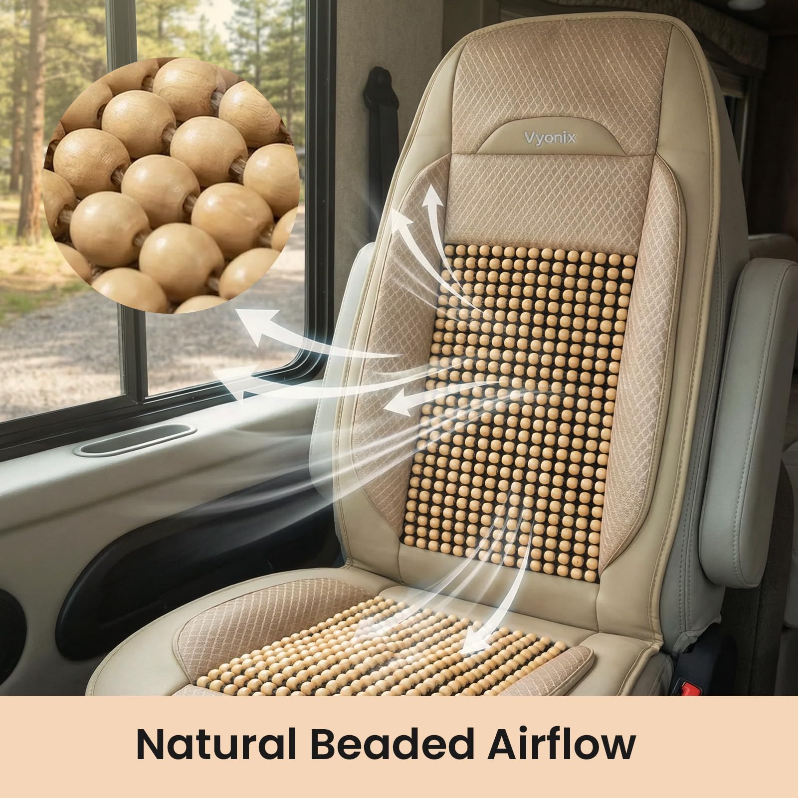 Vyonix tan beaded cooling cover installed over driver seat for long drives and reduced heat buildup