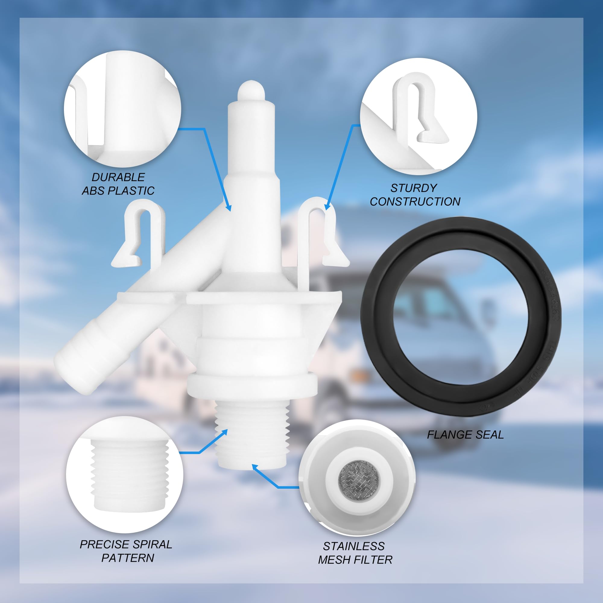 Vypart thermoplastic valve body resists freezing for cold camping.
