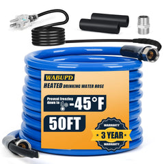 WABUPD 50ft heated water hose exterior, durable for outdoor RV adventures.