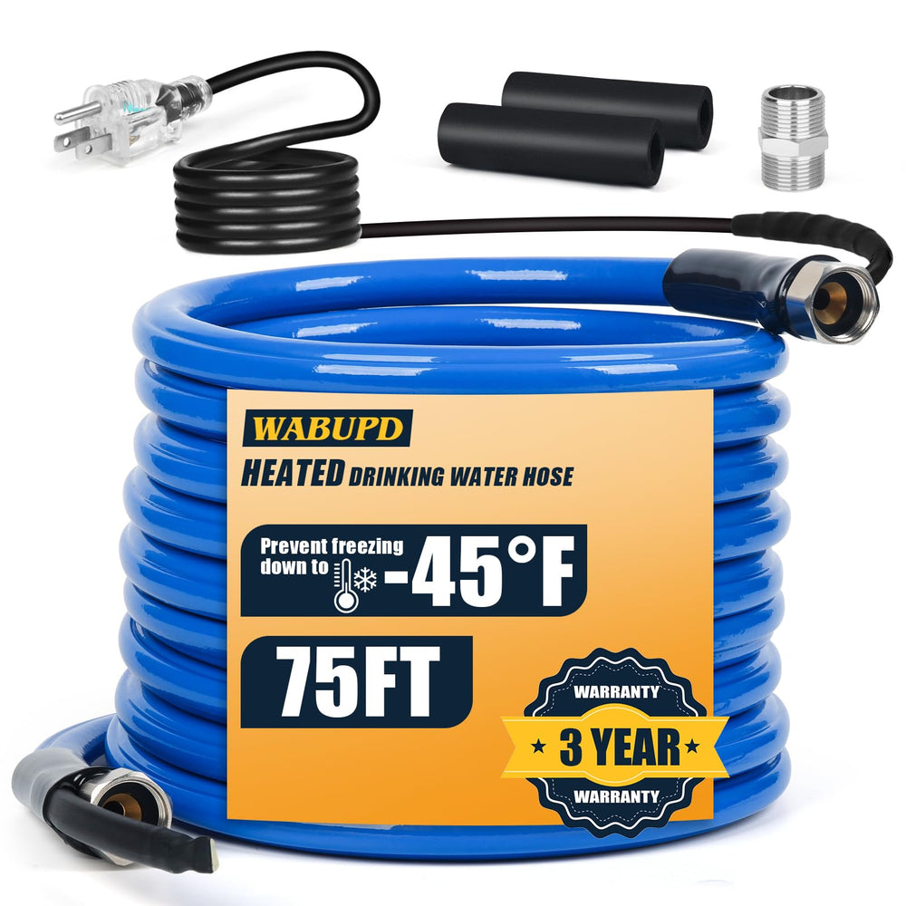 WABUPD 75ft heated water hose ready for RV use with fast heating and reliability.
