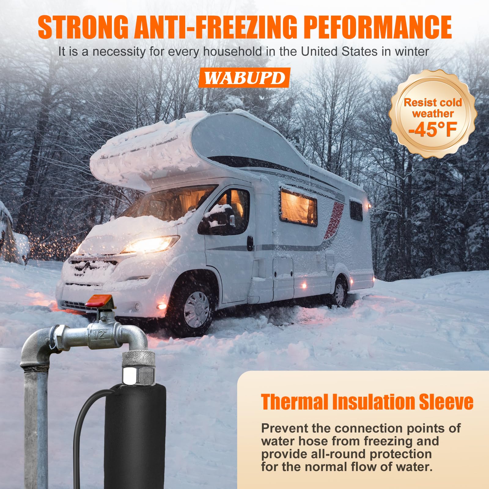 WABUPD heated hose with dense heating wires for quick warm water delivery.