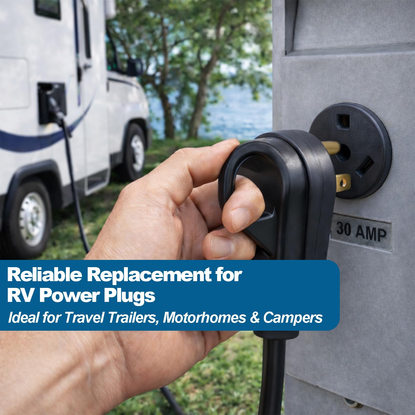 Ergonomic RV plug design supporting safe, stable connections with 30A circuits.