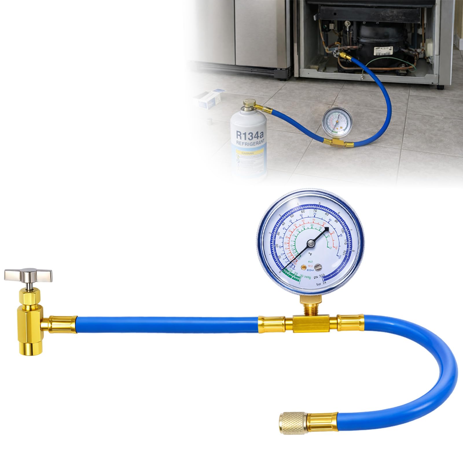 Wadoy R134a charging hose with gauge for refrigerator maintenance