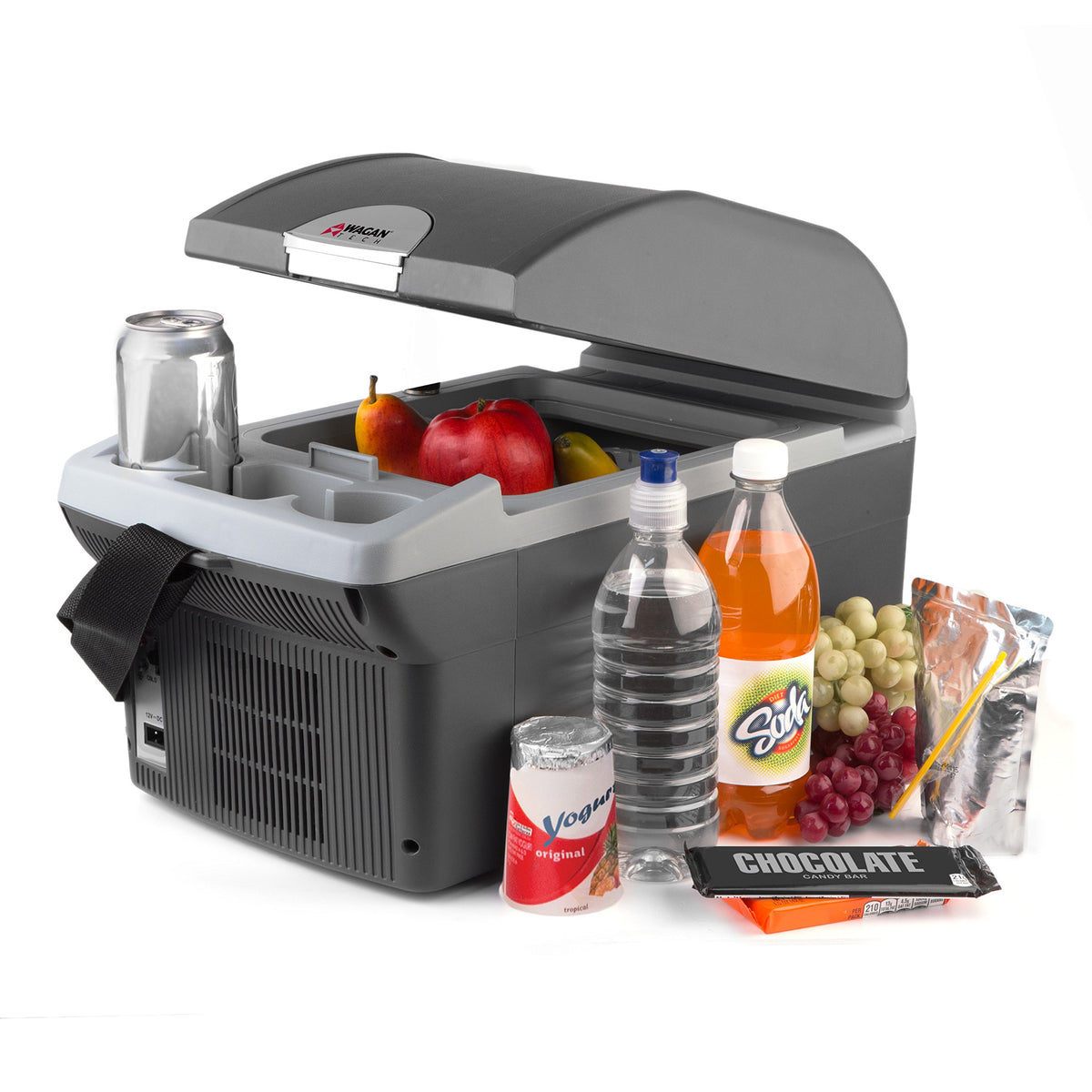 Wagan EL6214 front center console view showing portable car fridge for easy access