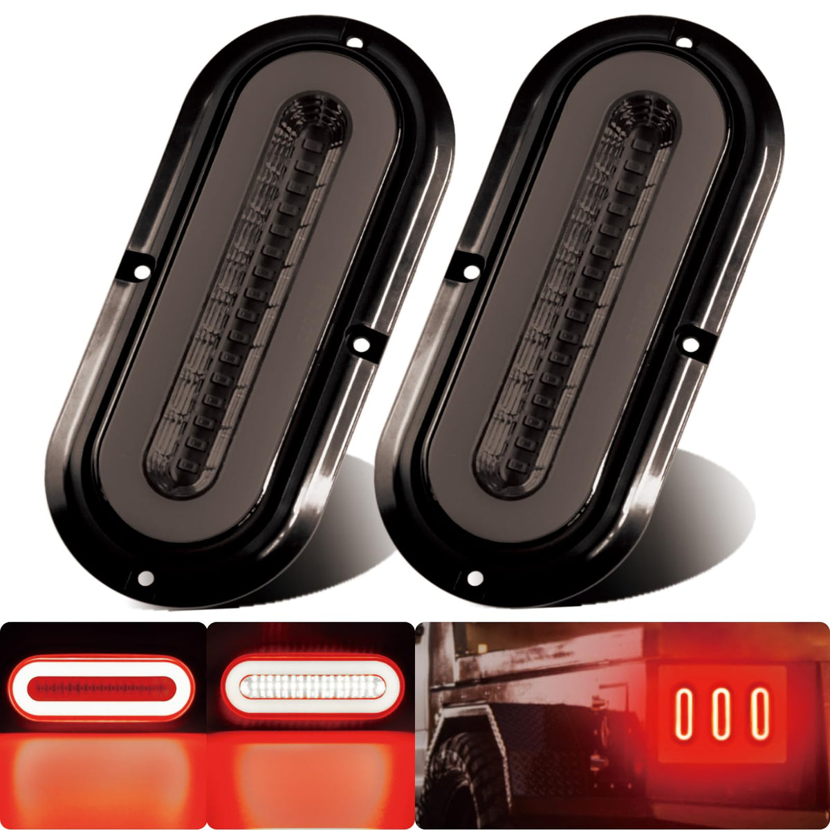 WahMOTOTin smoked-lens 6-inch oval red halo trailer light with 52 LEDs for clear braking