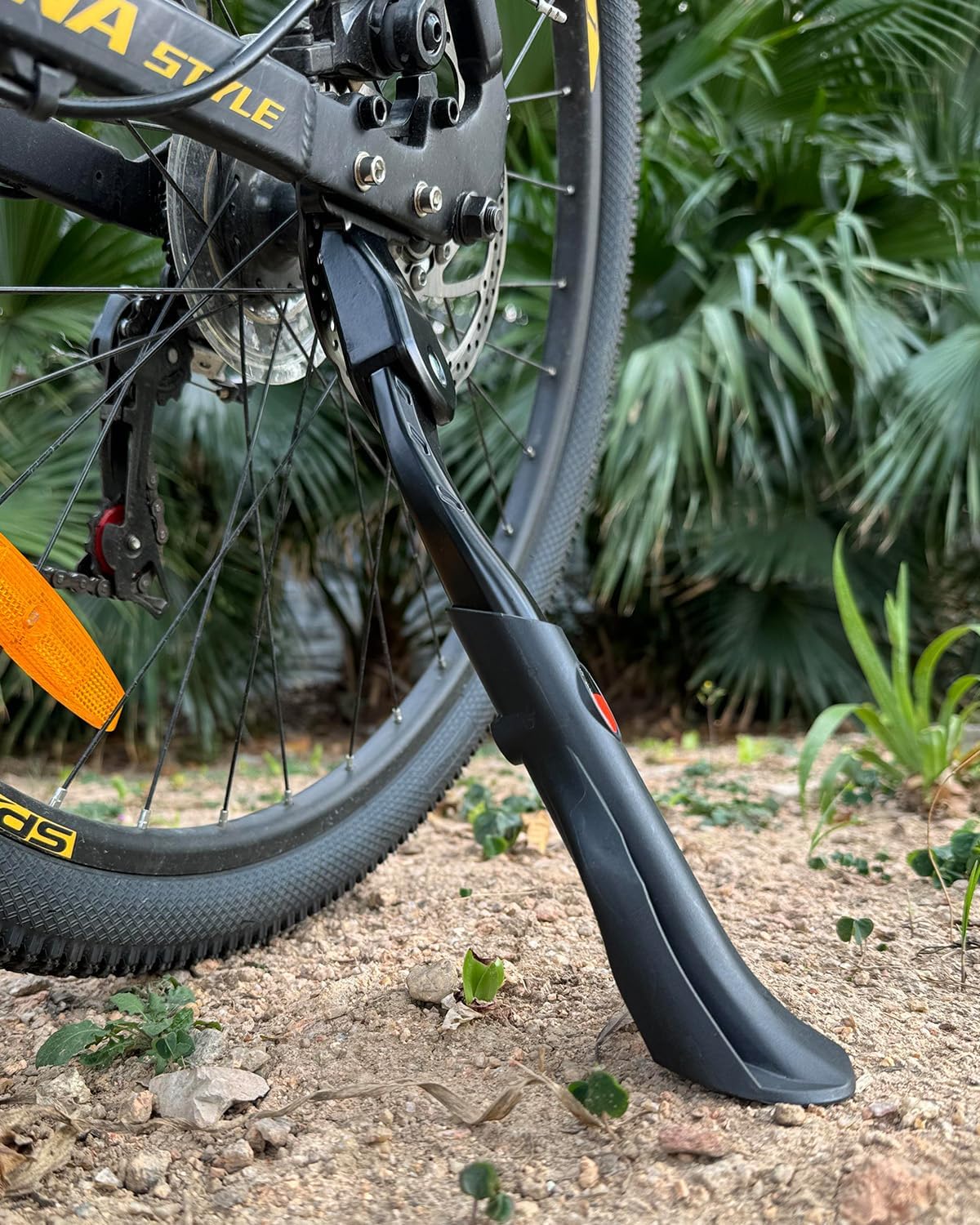 Wakano kickstand mounted on a 24-29 inch bike for parking