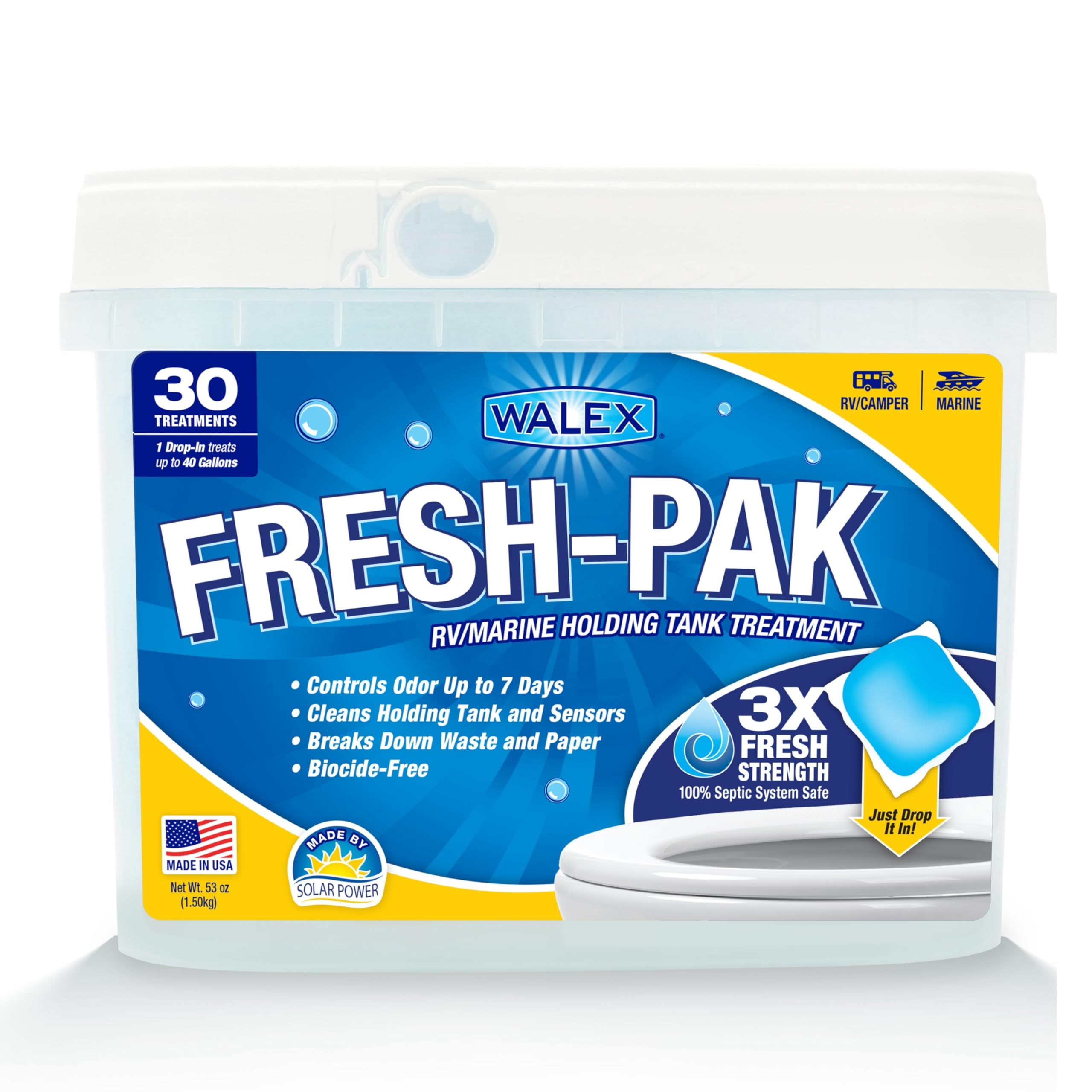 Walex Fresh-Pak pod in tank aids rapid waste breakdown while preventing clogs.