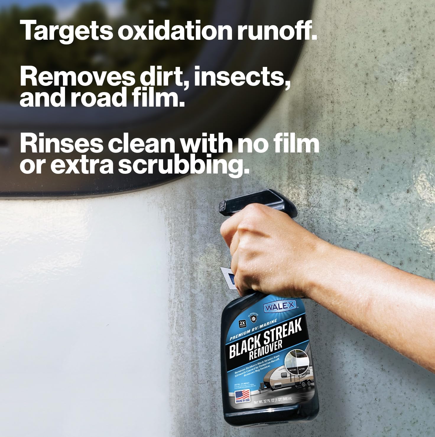 Walex remover being sprayed on RV exterior for easy cleaning and stain removal