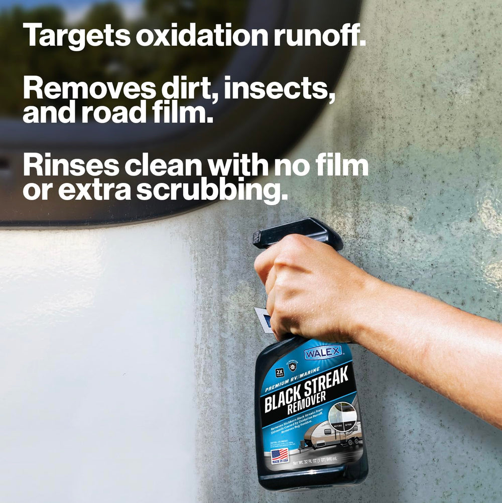 Walex remover being sprayed on RV exterior for easy cleaning and stain removal